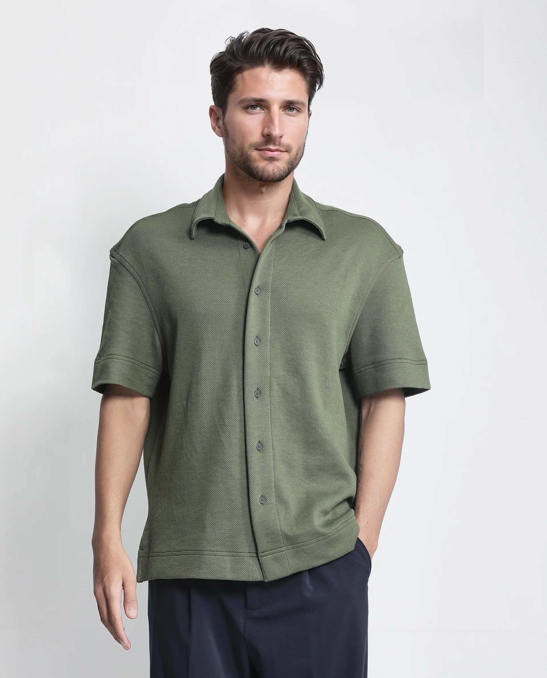 Rare Rabbit Men's Kash Dark Green Viscose Plain Boxy Fit Half Sleeve Collared Shirt - Image 8