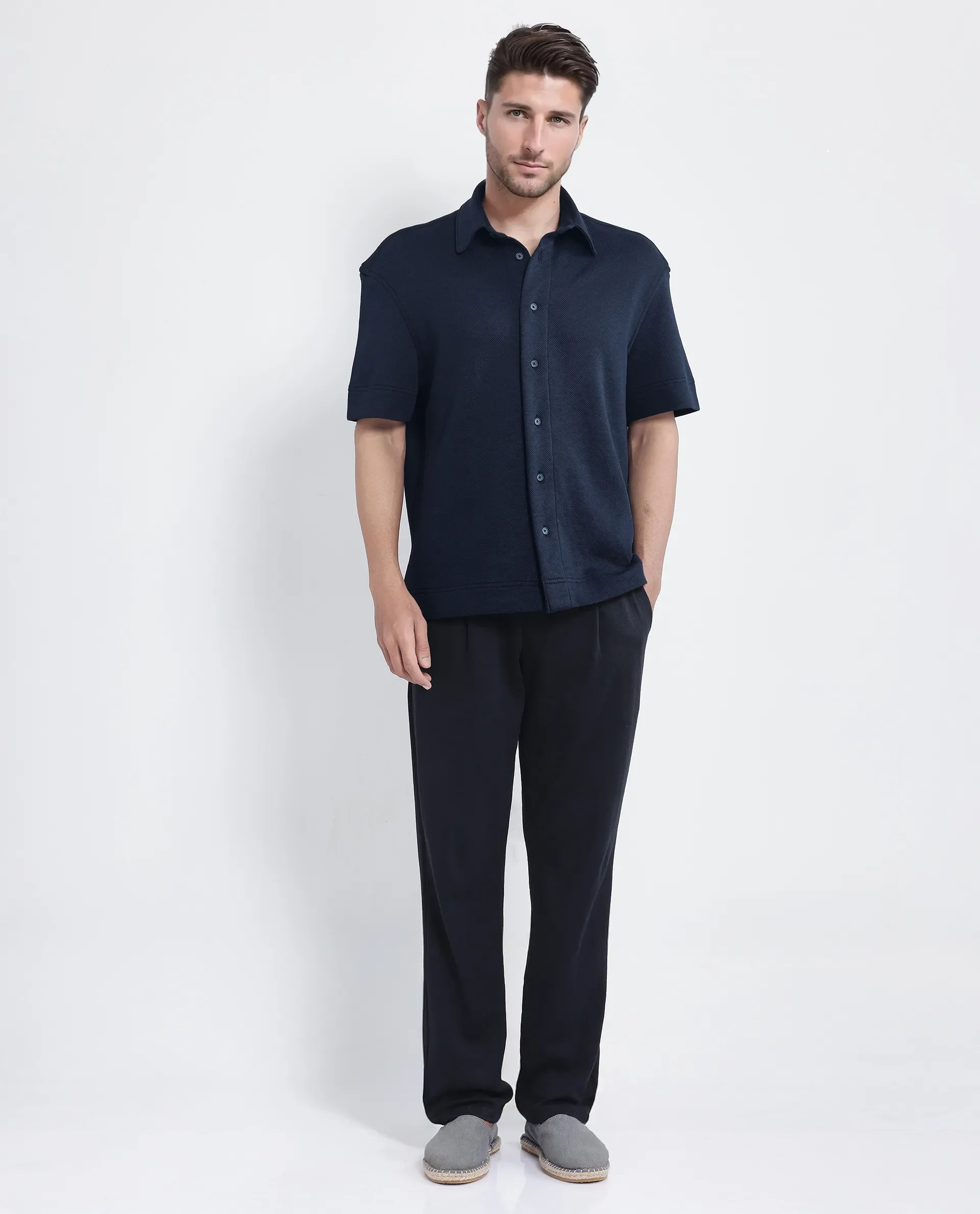 Rare Rabbit Men's Kash Navy Viscose Plain Boxy Fit Half Sleeve Collared Shirt - Image 2