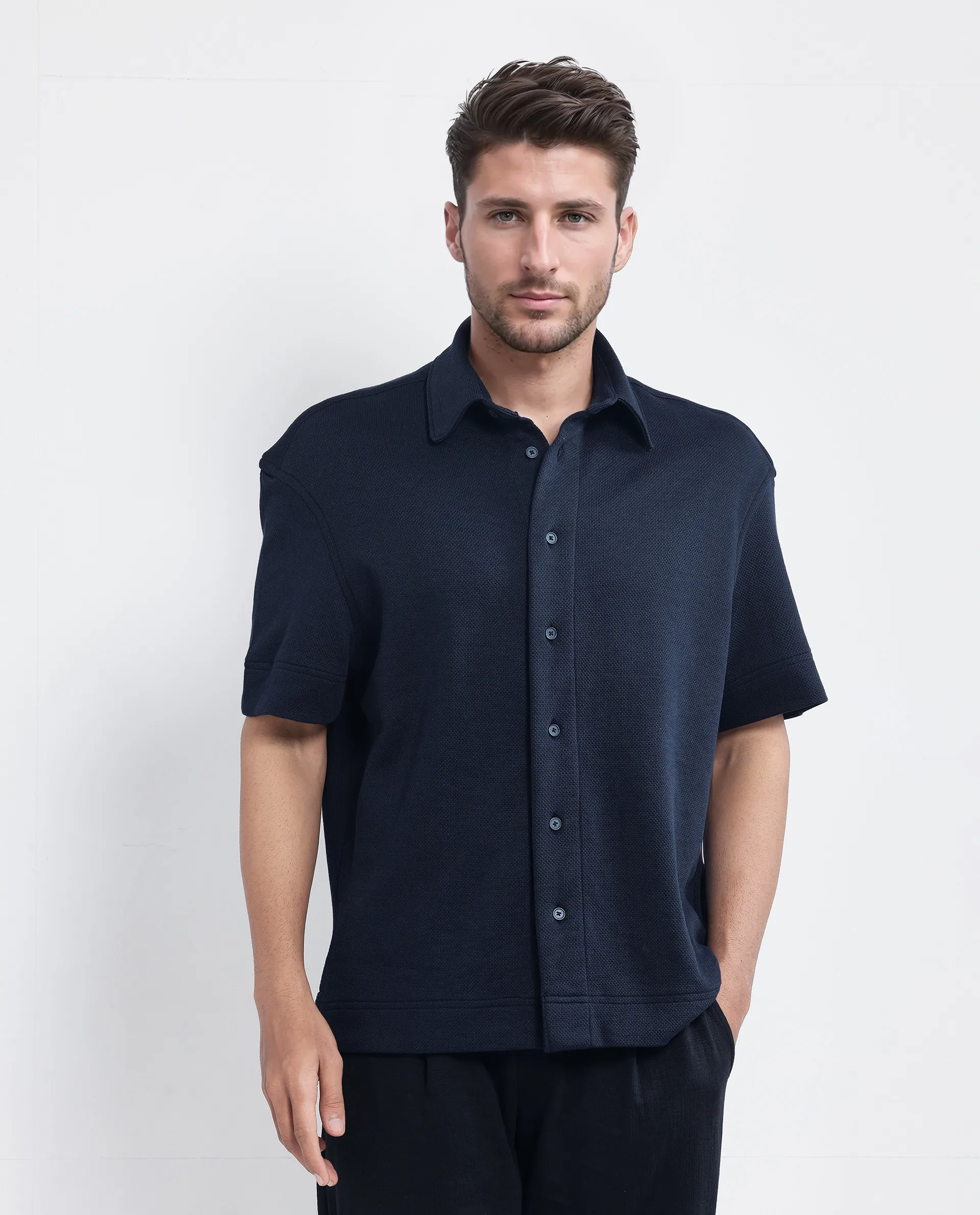Rare Rabbit Men's Kash Navy Viscose Plain Boxy Fit Half Sleeve Collared Shirt - Image 3
