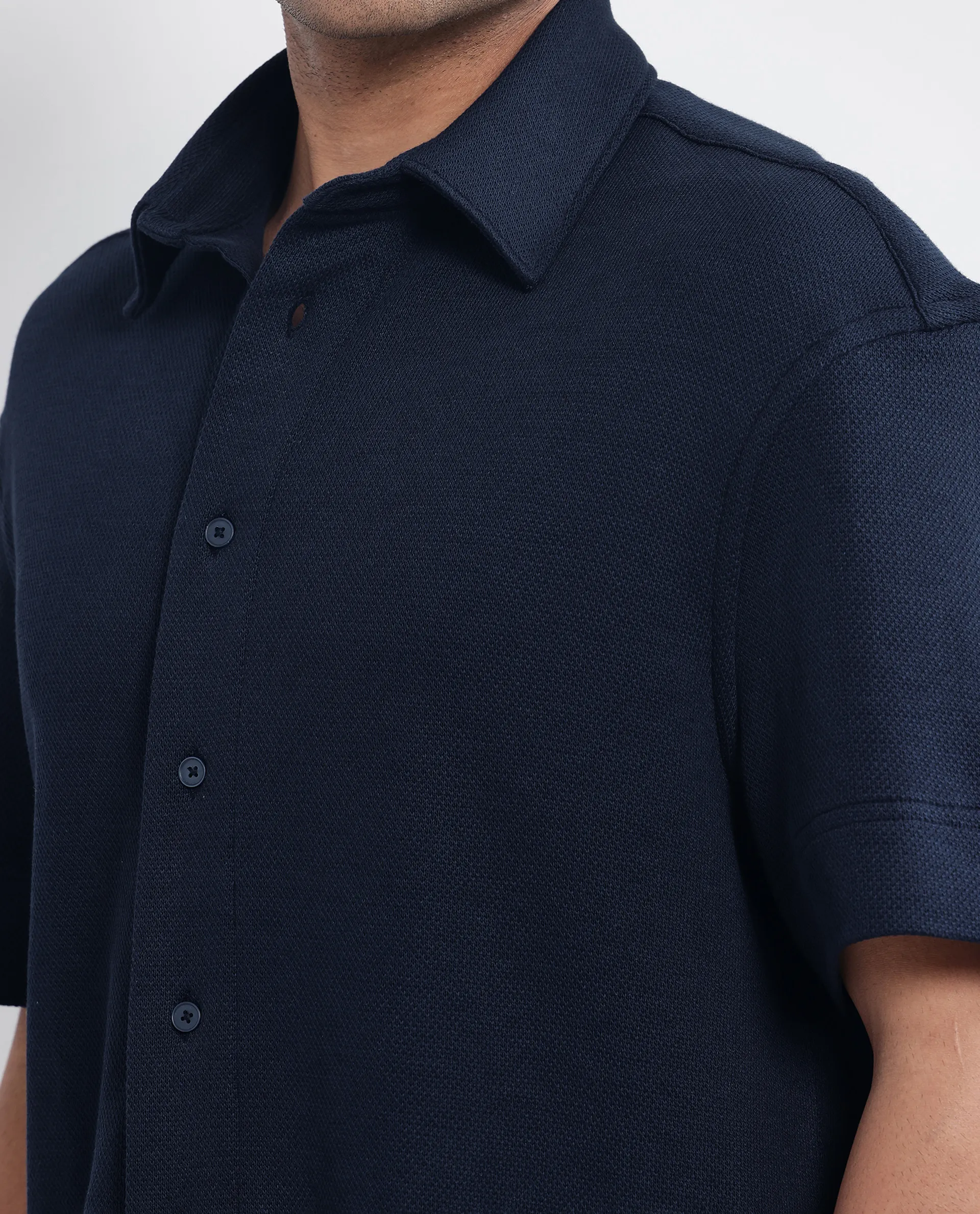 Rare Rabbit Men's Kash Navy Viscose Plain Boxy Fit Half Sleeve Collared Shirt - Image 4