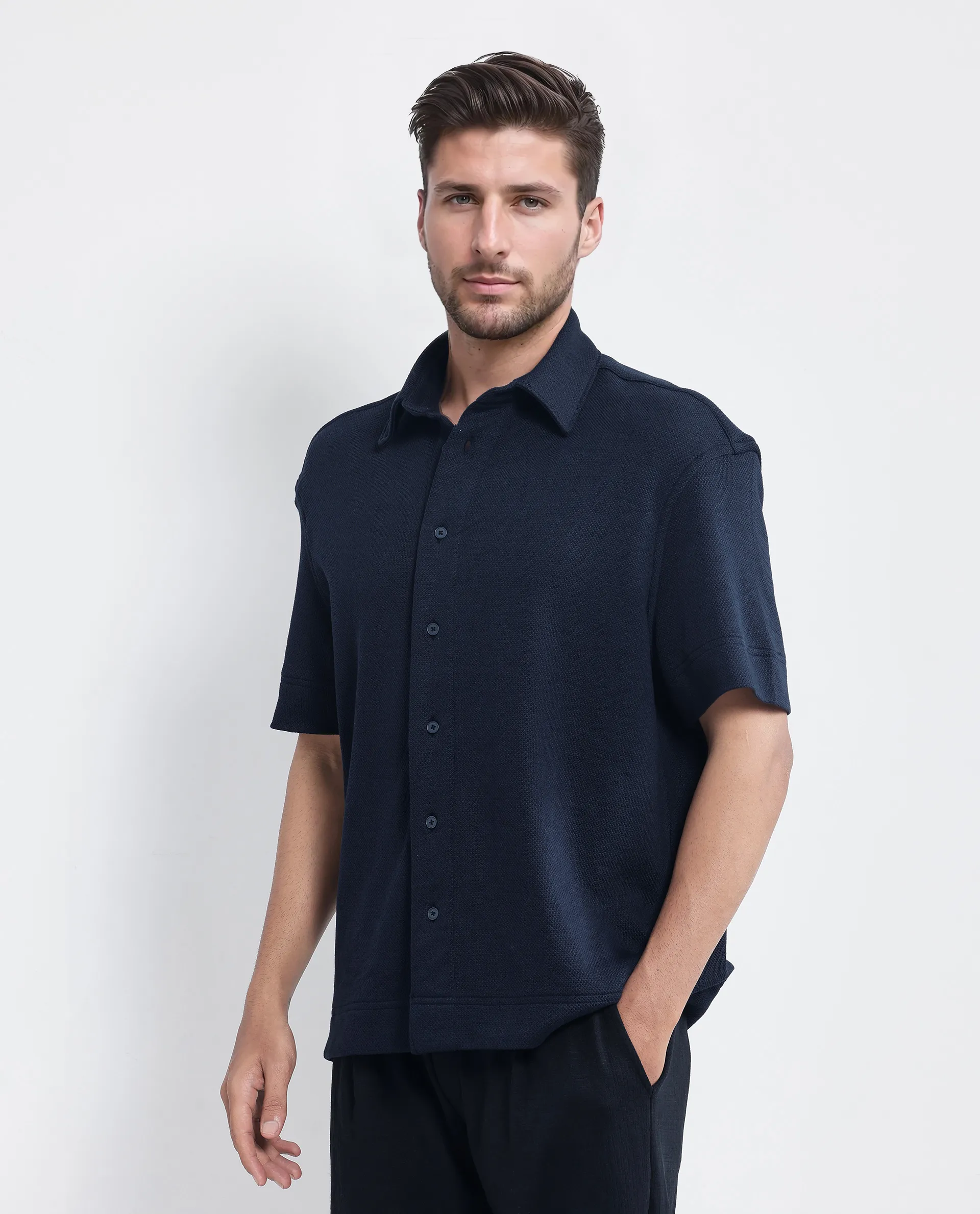 Rare Rabbit Men's Kash Navy Viscose Plain Boxy Fit Half Sleeve Collared Shirt - Image 6