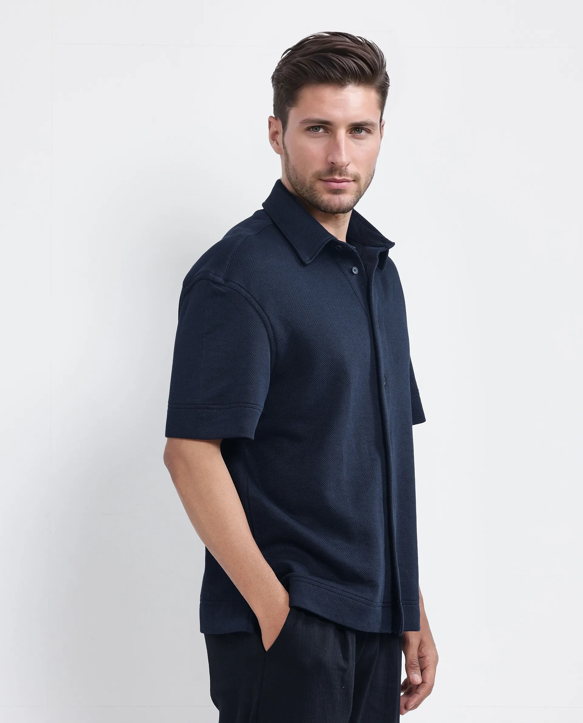 Rare Rabbit Men's Kash Navy Viscose Plain Boxy Fit Half Sleeve Collared Shirt - Image 7