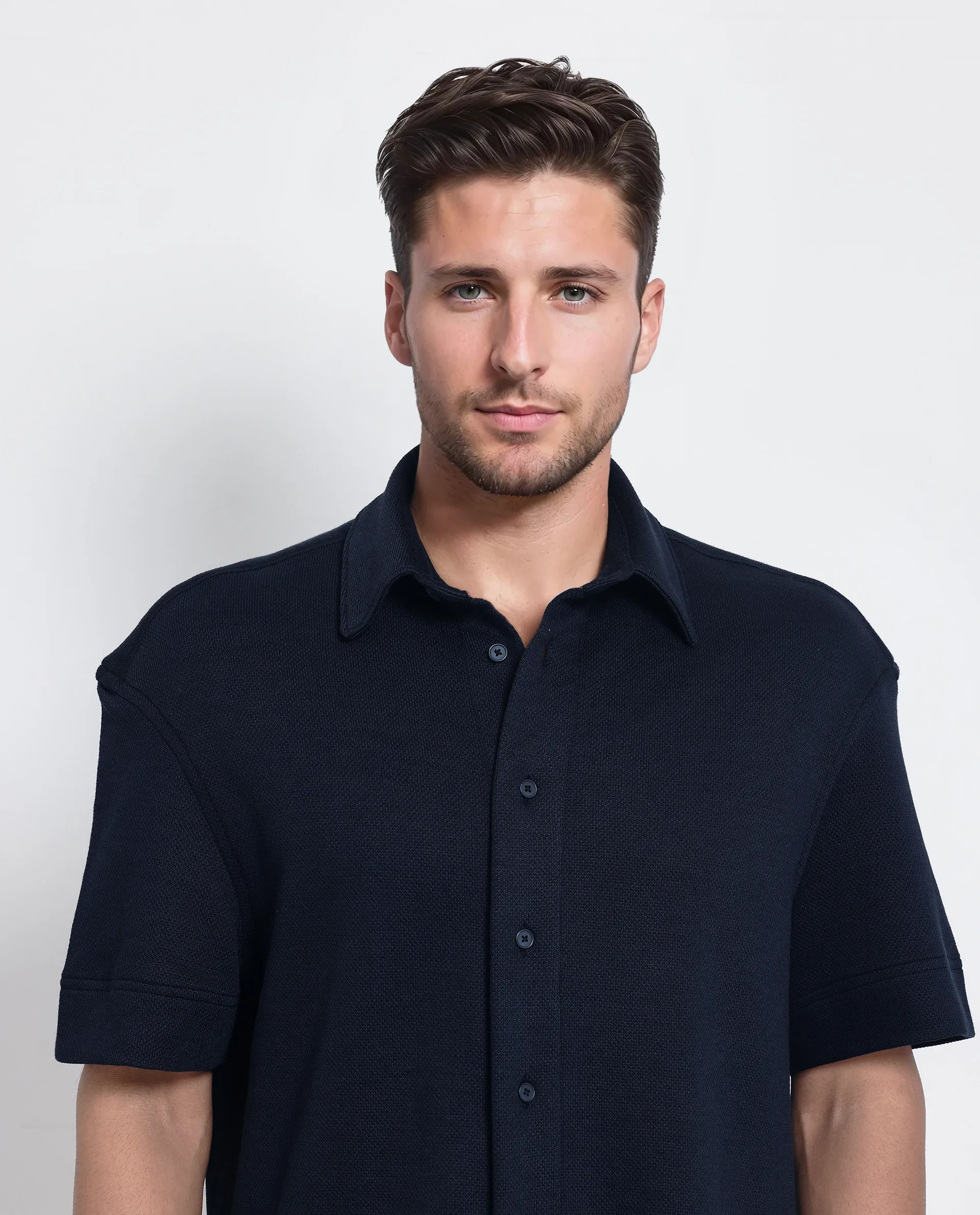 Rare Rabbit Men's Kash Navy Viscose Plain Boxy Fit Half Sleeve Collared Shirt - Image 8