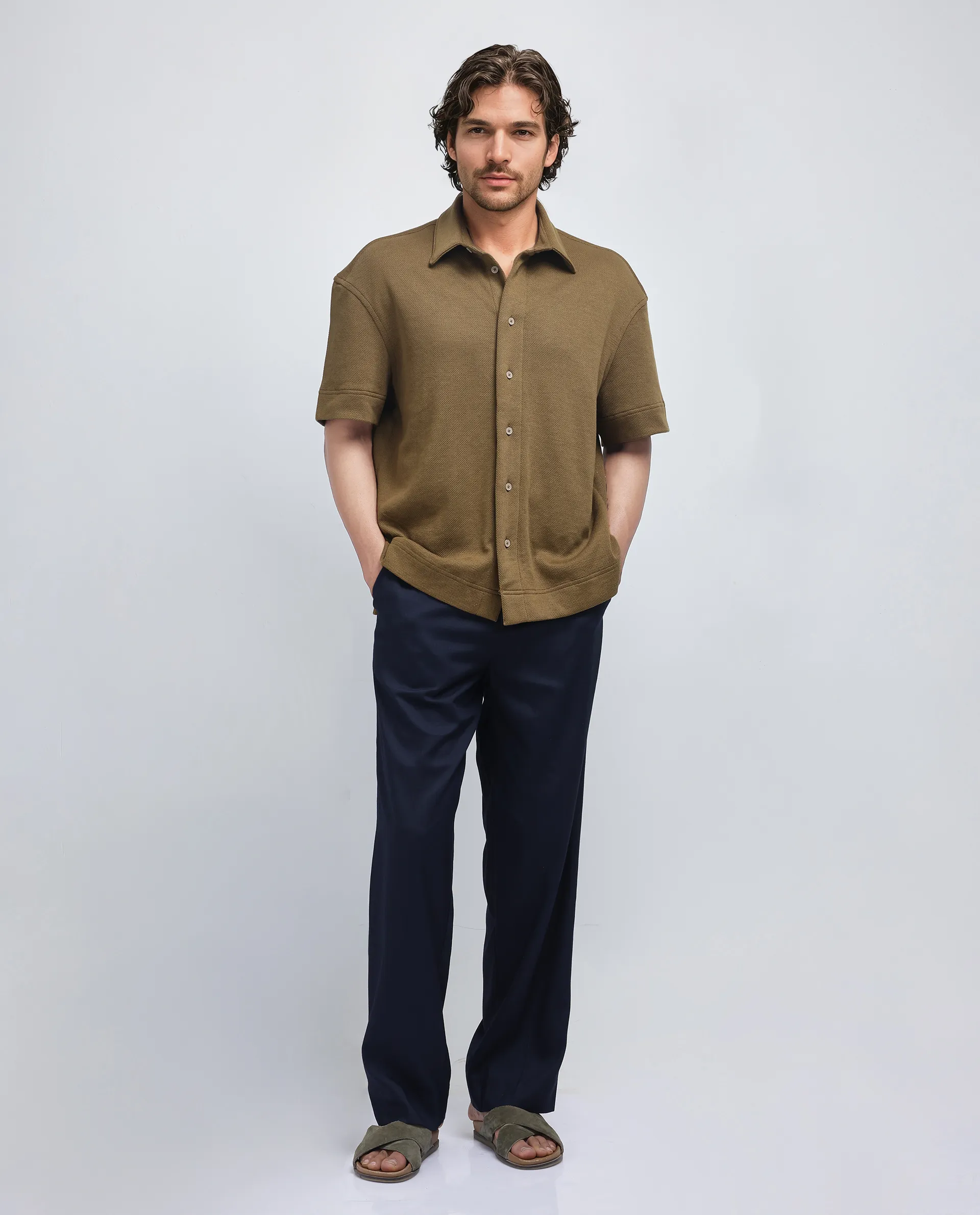 Rare Rabbit Men's Kash Olive Viscose Plain Boxy Fit Half Sleeve Collared Shirt - Image 2