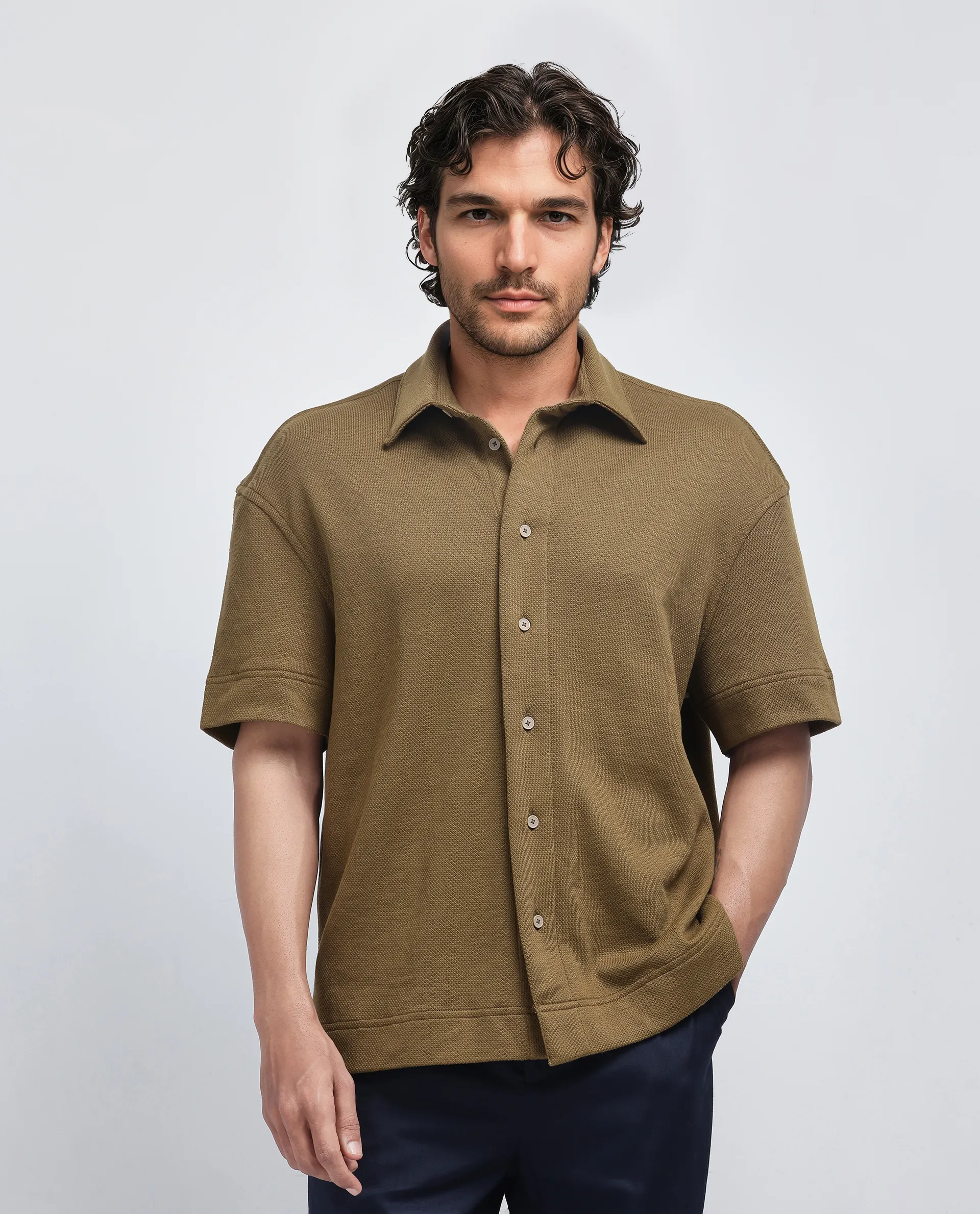 Rare Rabbit Men's Kash Olive Viscose Plain Boxy Fit Half Sleeve Collared Shirt - Image 3