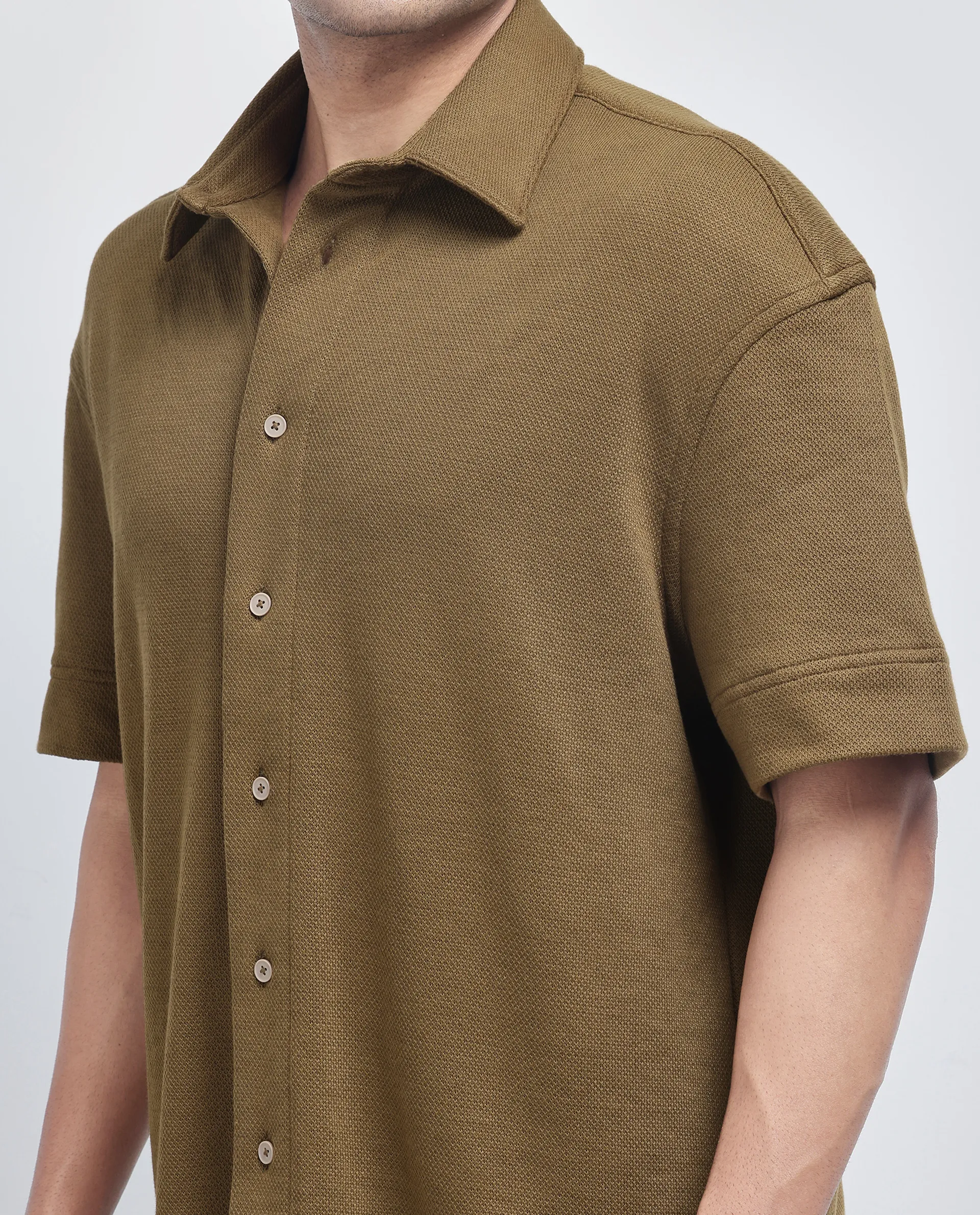 Rare Rabbit Men's Kash Olive Viscose Plain Boxy Fit Half Sleeve Collared Shirt - Image 4