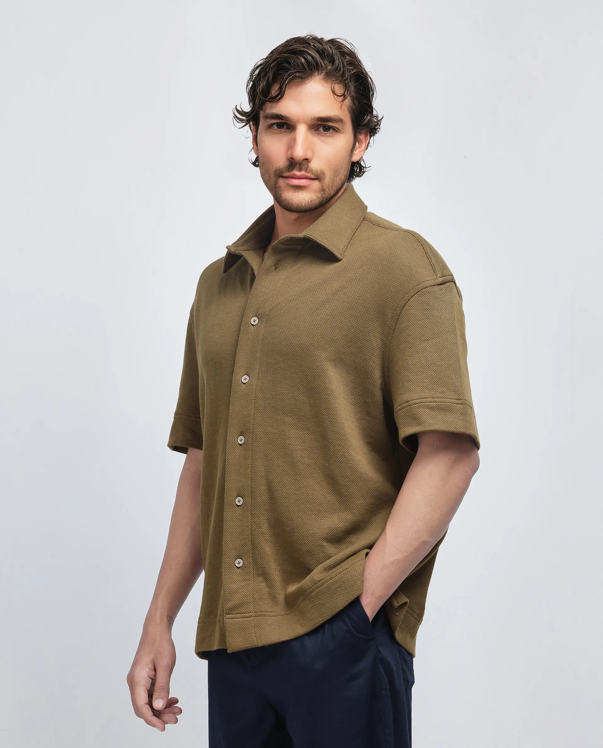Rare Rabbit Men's Kash Olive Viscose Plain Boxy Fit Half Sleeve Collared Shirt - Image 6