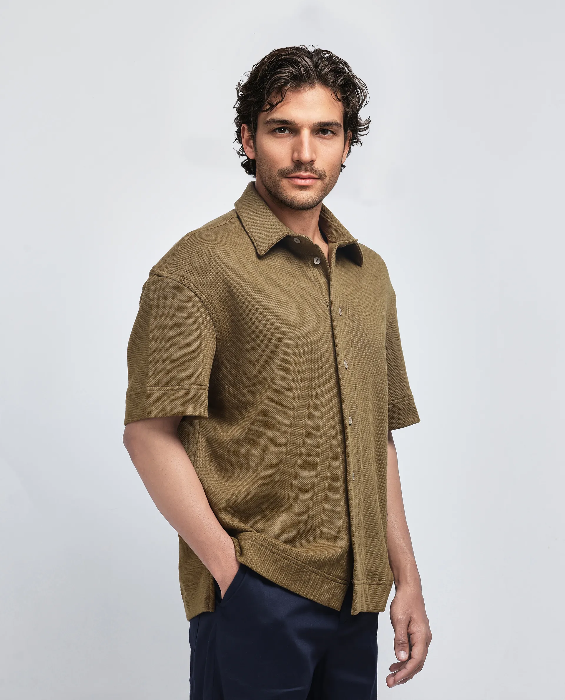 Rare Rabbit Men's Kash Olive Viscose Plain Boxy Fit Half Sleeve Collared Shirt - Image 7