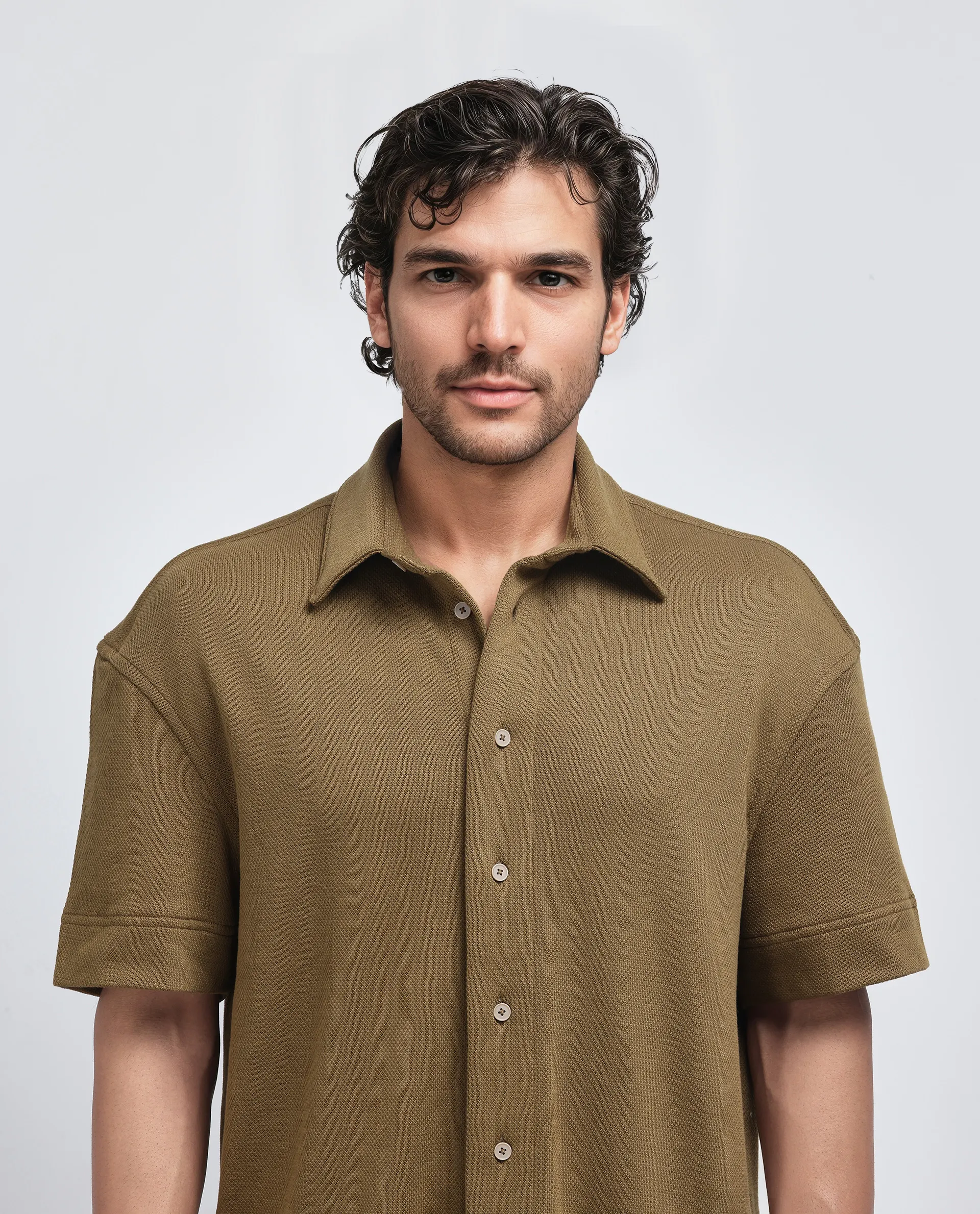 Rare Rabbit Men's Kash Olive Viscose Plain Boxy Fit Half Sleeve Collared Shirt - Image 8