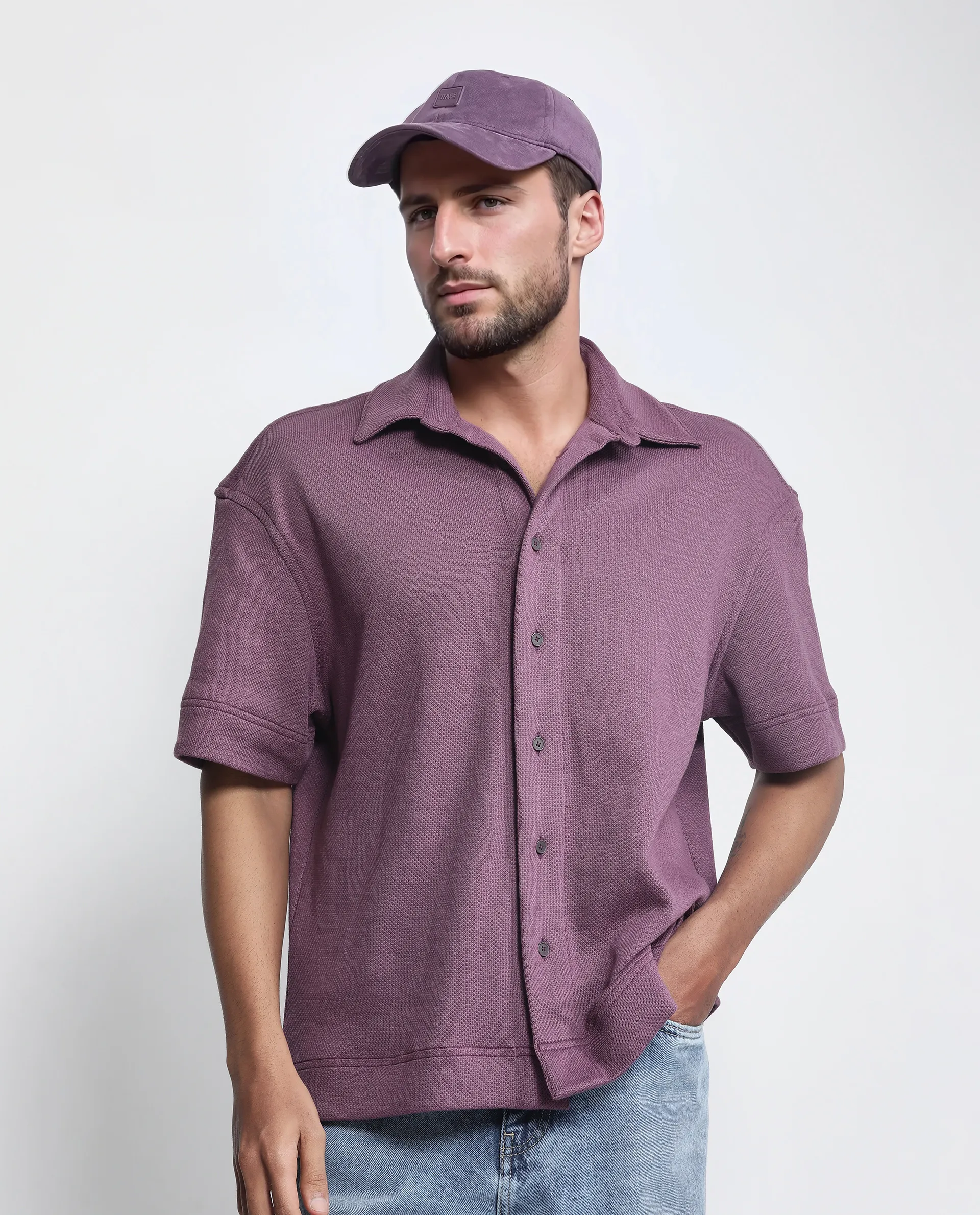 Rare Rabbit Men's Kash Purple Viscose Plain Boxy Fit Half Sleeve Collared Shirt