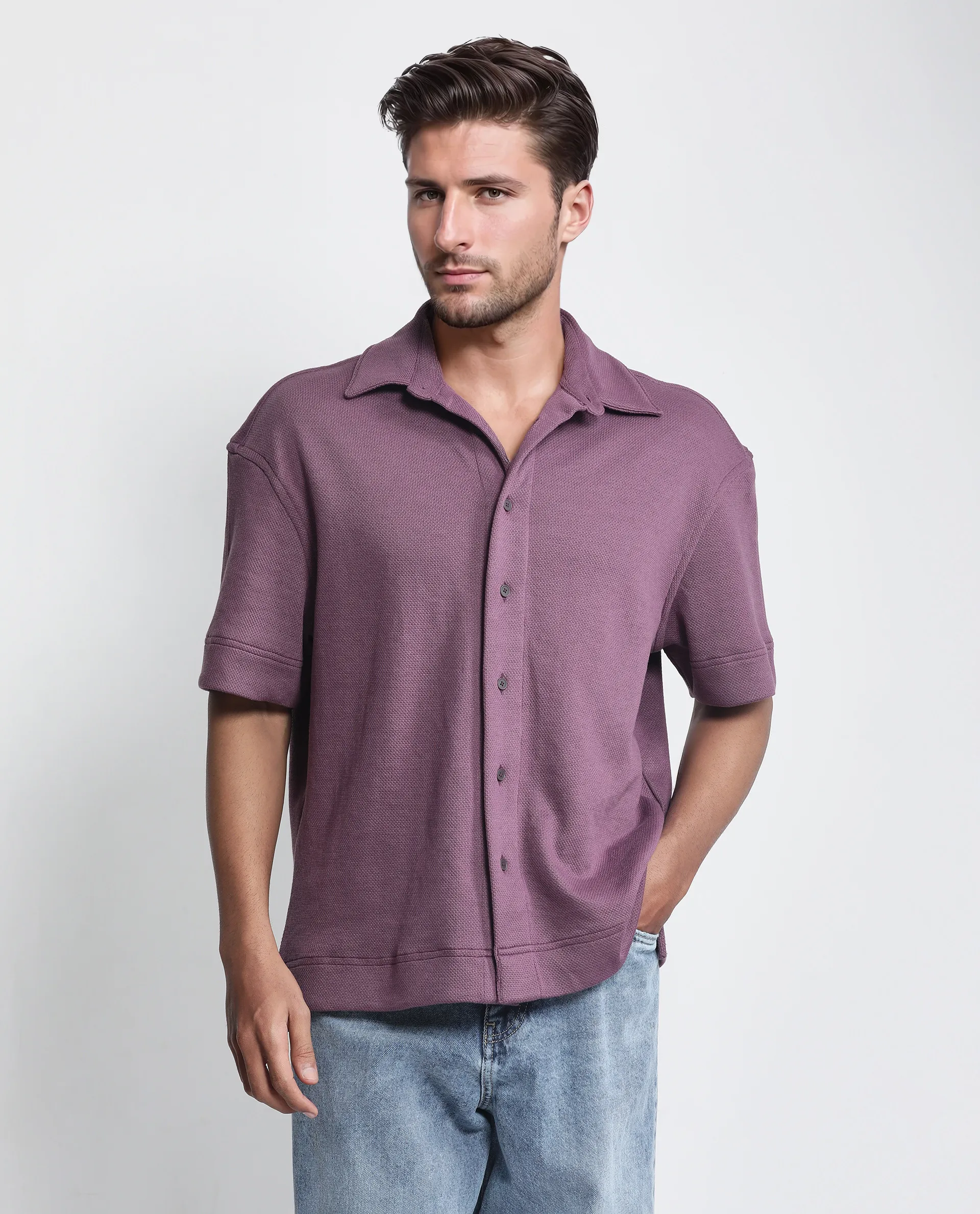 Rare Rabbit Men's Kash Purple Viscose Plain Boxy Fit Half Sleeve Collared Shirt - Image 2