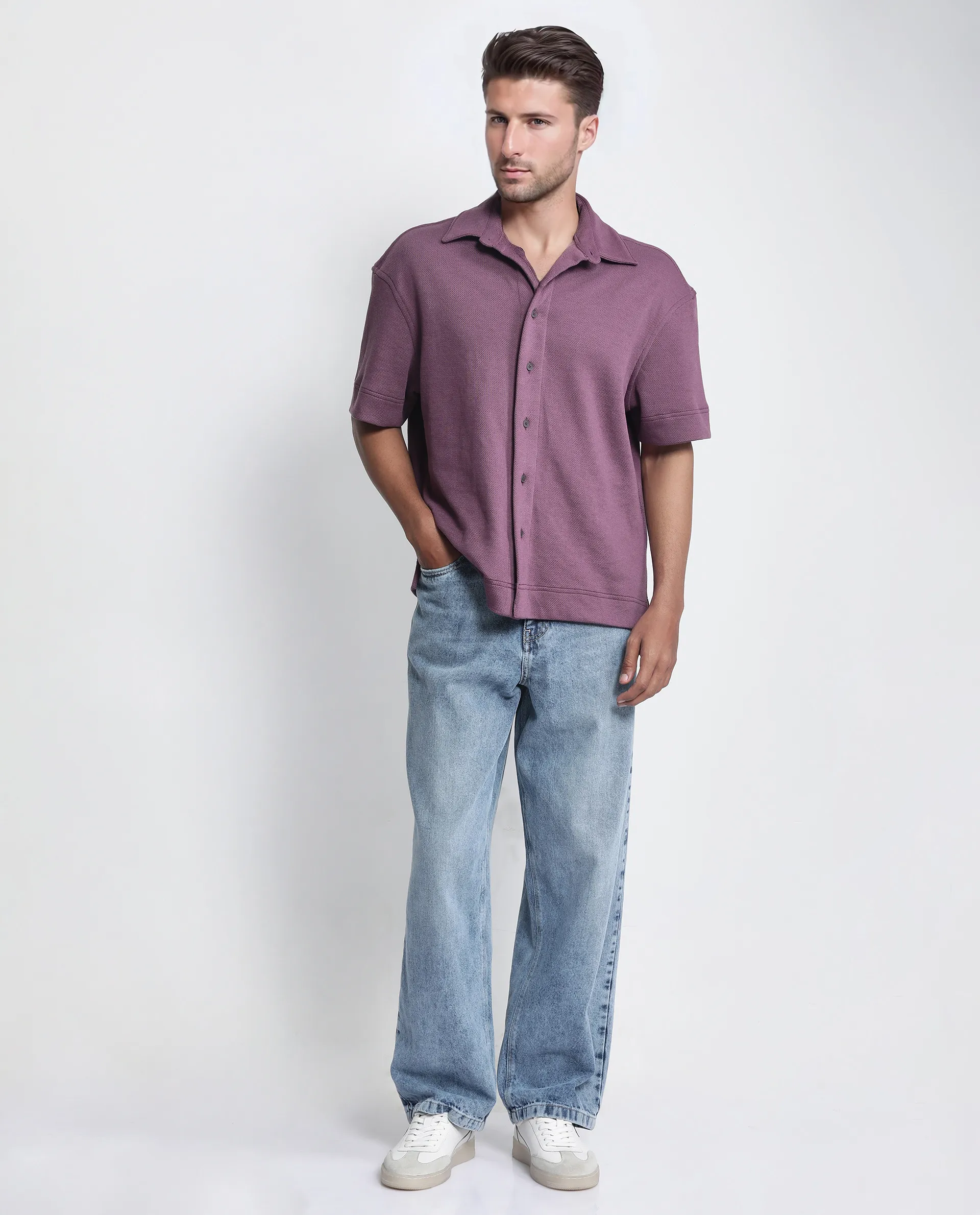 Rare Rabbit Men's Kash Purple Viscose Plain Boxy Fit Half Sleeve Collared Shirt - Image 3