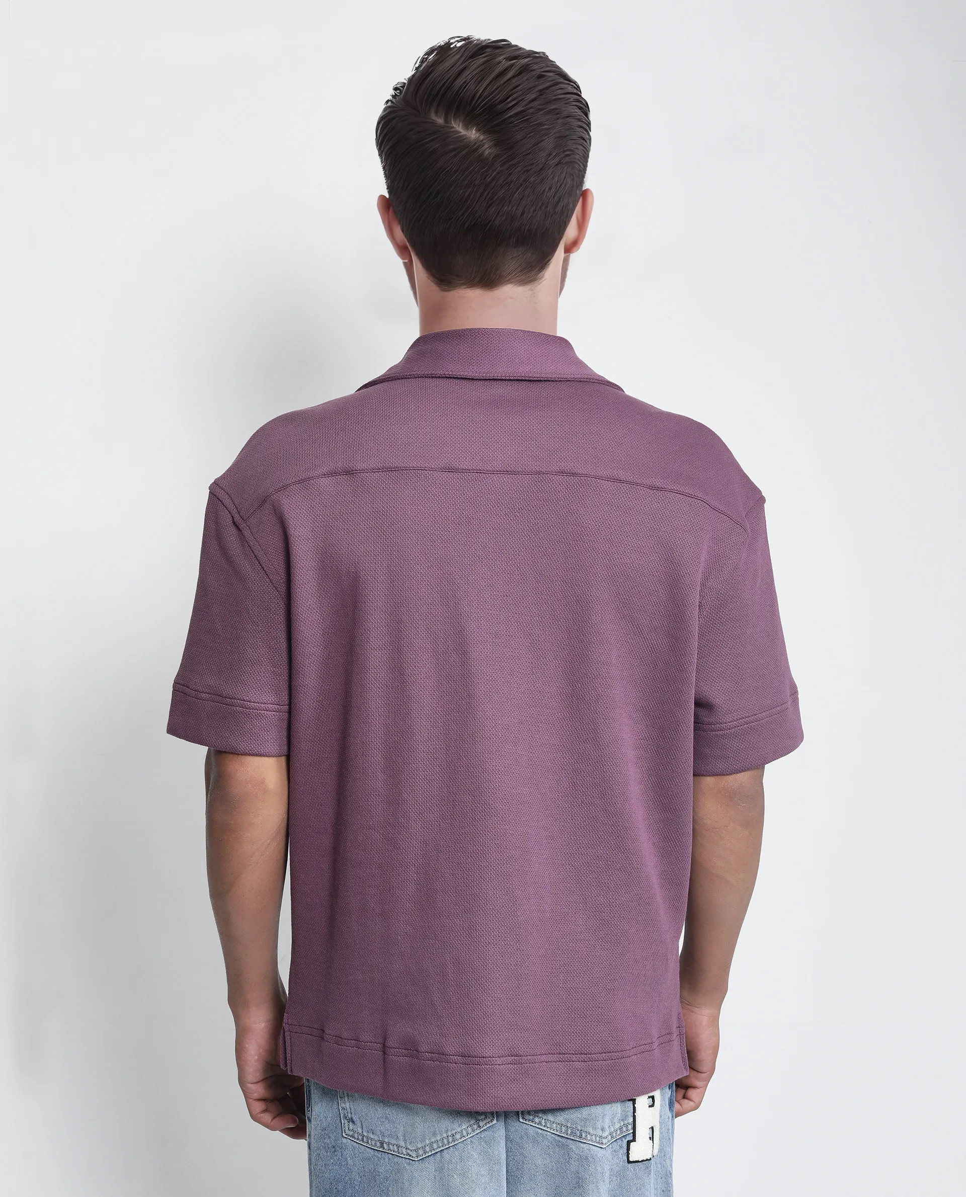 Rare Rabbit Men's Kash Purple Viscose Plain Boxy Fit Half Sleeve Collared Shirt - Image 5