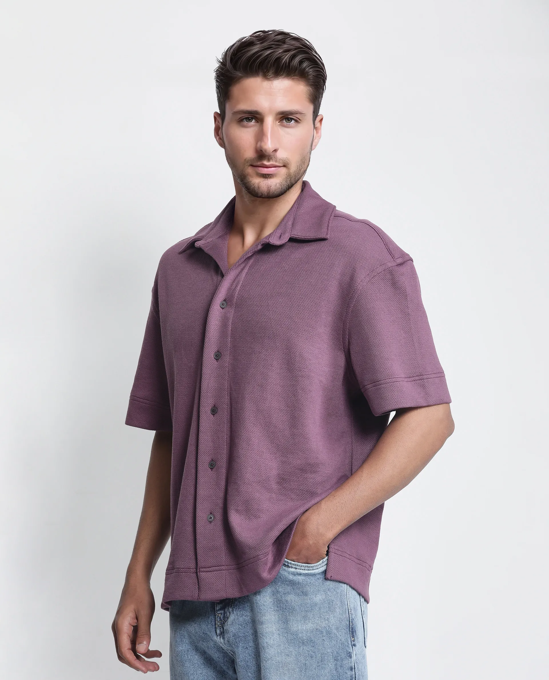 Rare Rabbit Men's Kash Purple Viscose Plain Boxy Fit Half Sleeve Collared Shirt - Image 6