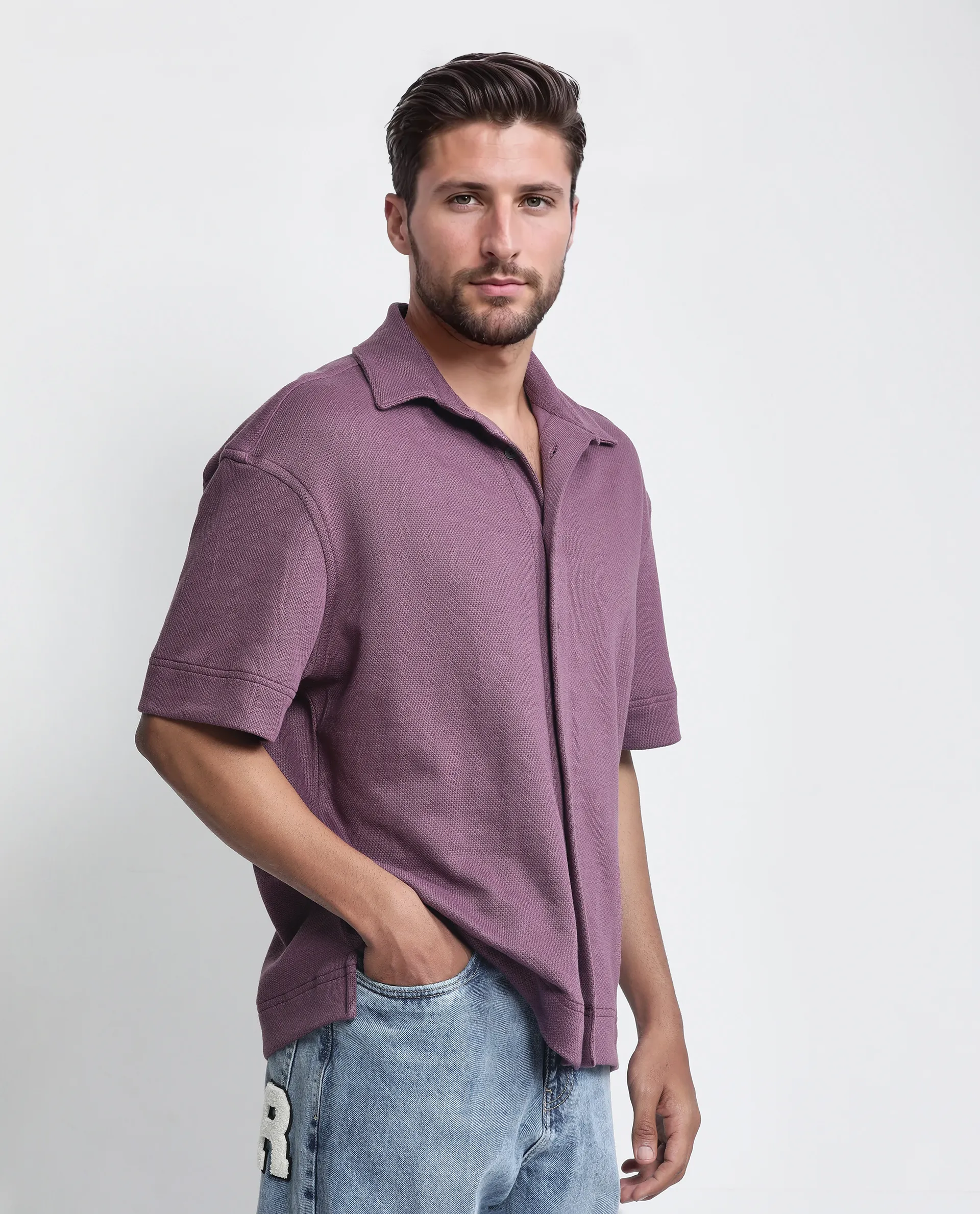Rare Rabbit Men's Kash Purple Viscose Plain Boxy Fit Half Sleeve Collared Shirt - Image 7