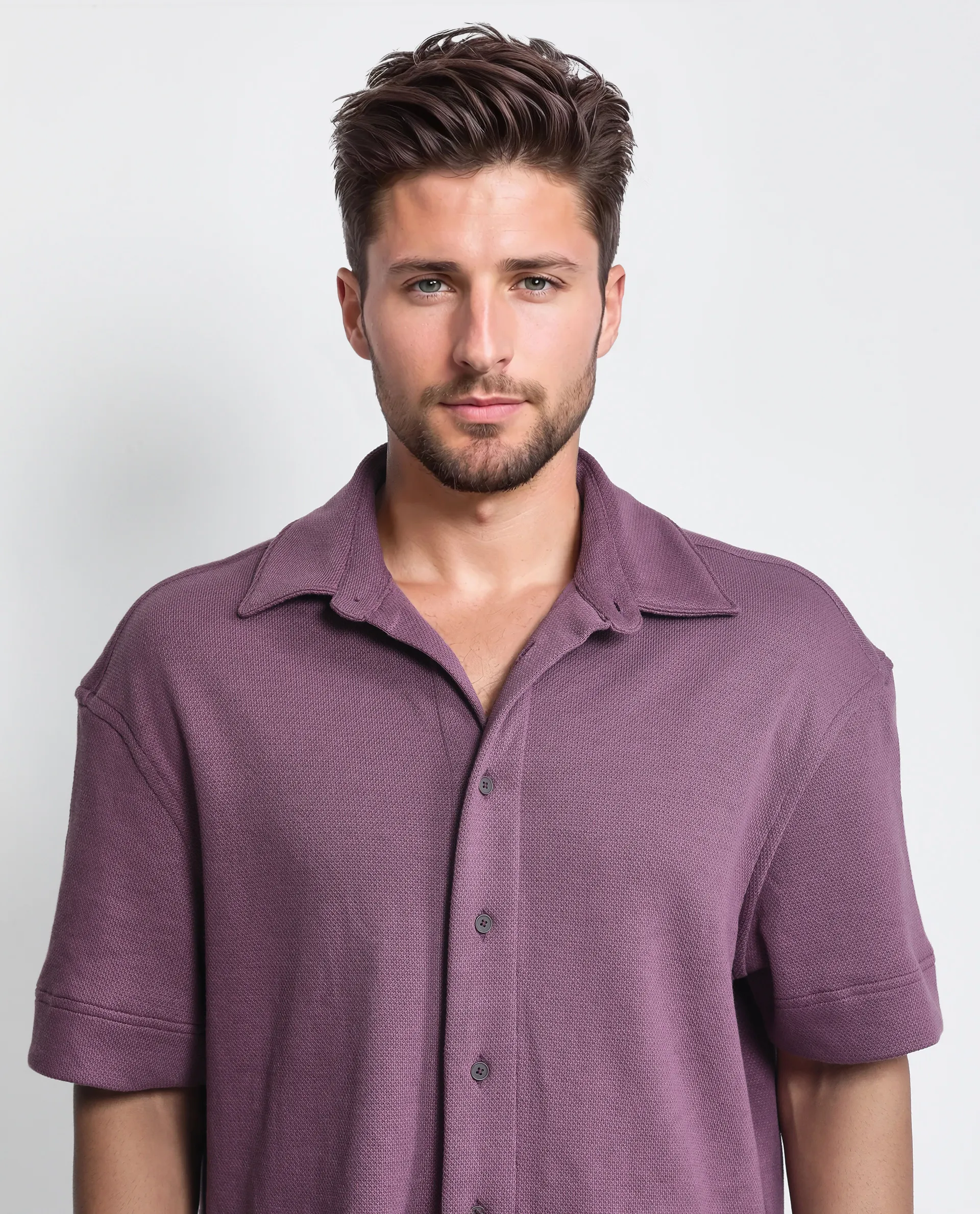 Rare Rabbit Men's Kash Purple Viscose Plain Boxy Fit Half Sleeve Collared Shirt - Image 8