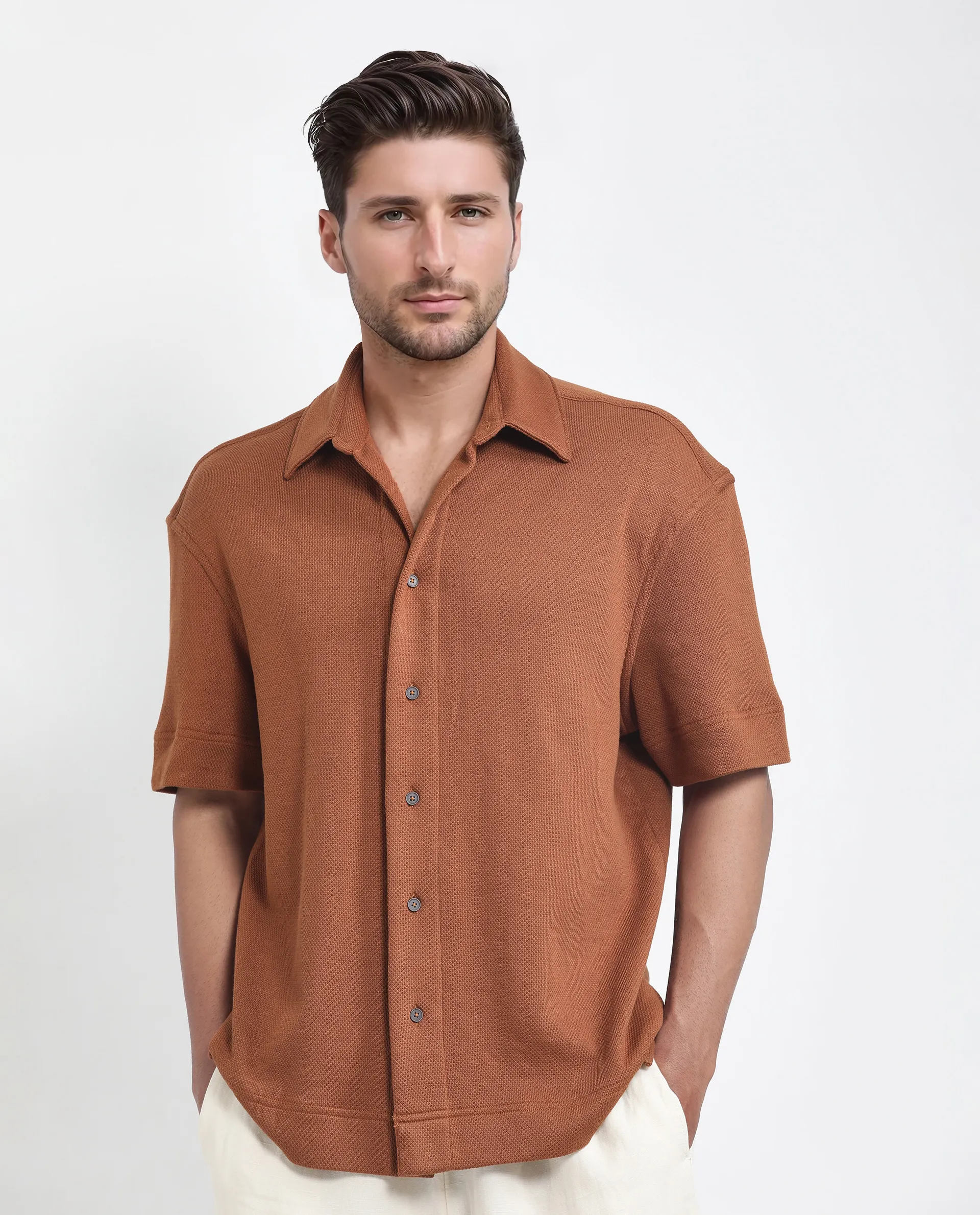 Rare Rabbit Men's Kash Rust Viscose Plain Boxy Fit Half Sleeve Collared Shirt