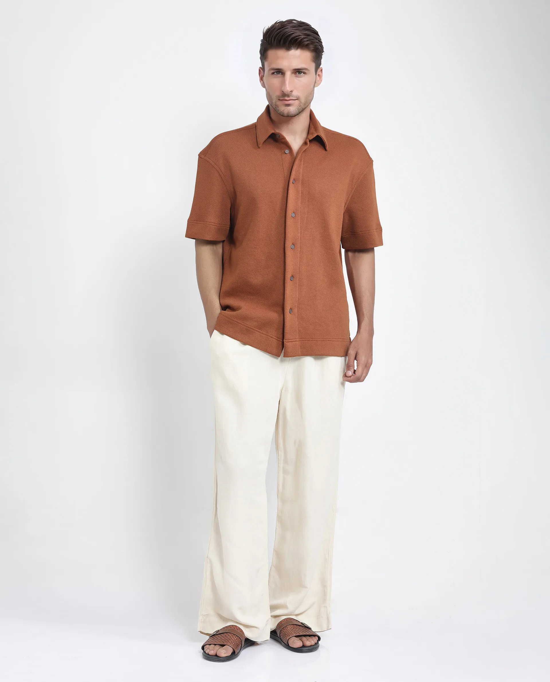 Rare Rabbit Men's Kash Rust Viscose Plain Boxy Fit Half Sleeve Collared Shirt - Image 2