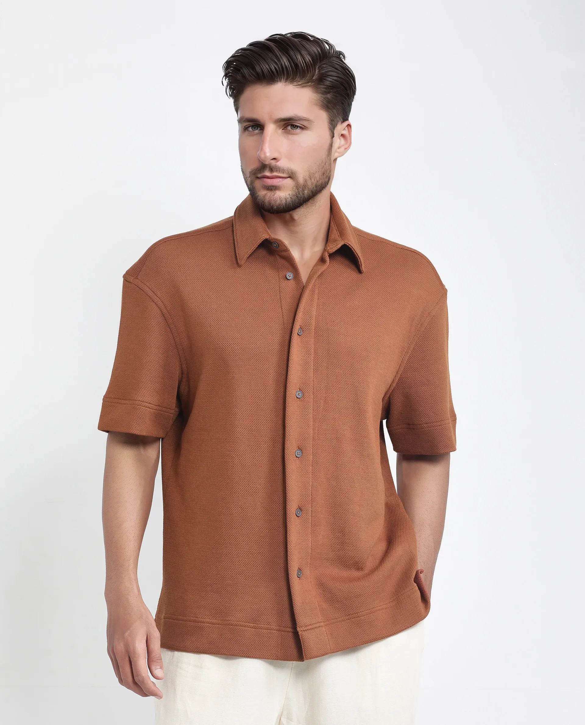 Rare Rabbit Men's Kash Rust Viscose Plain Boxy Fit Half Sleeve Collared Shirt - Image 3