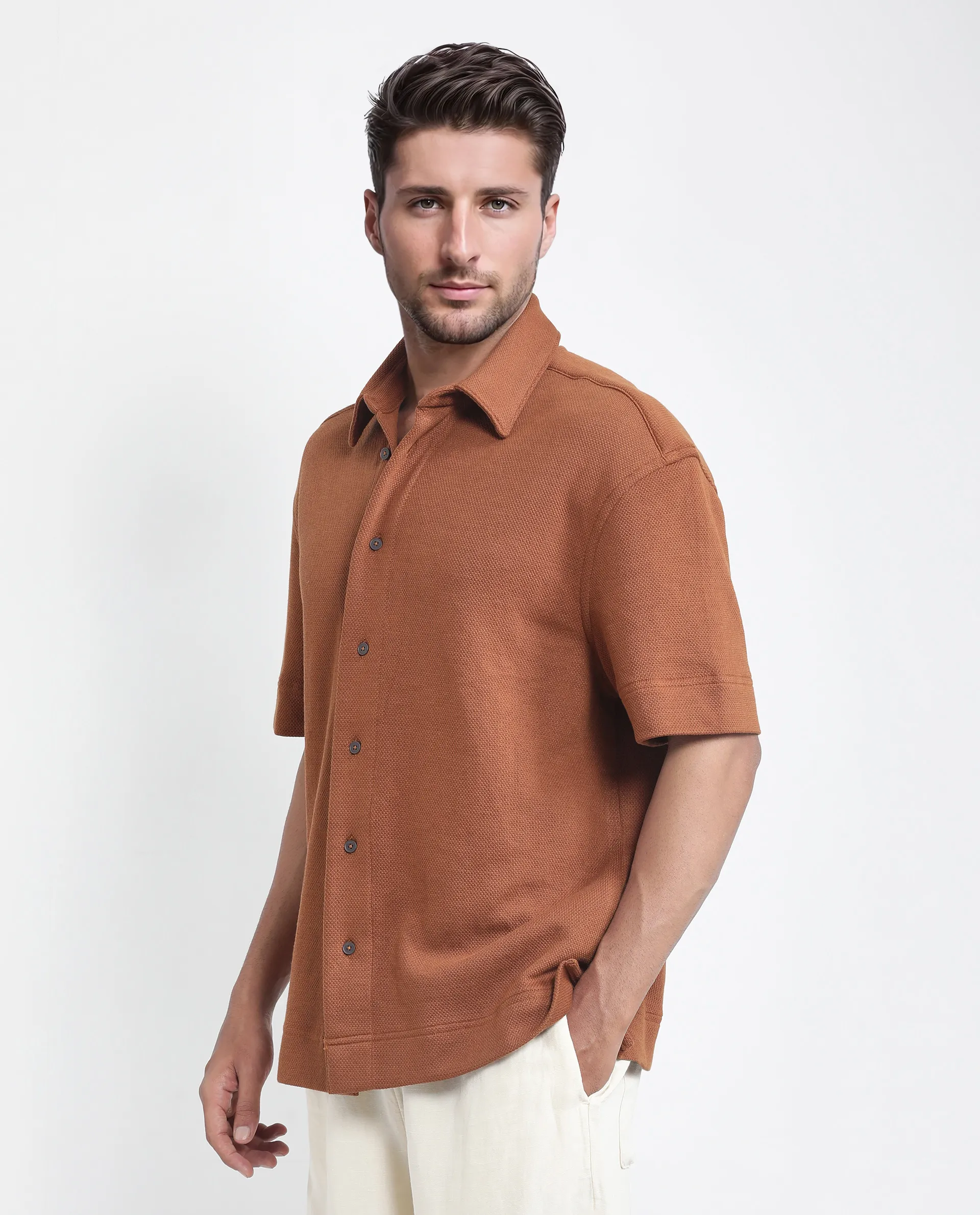 Rare Rabbit Men's Kash Rust Viscose Plain Boxy Fit Half Sleeve Collared Shirt - Image 5