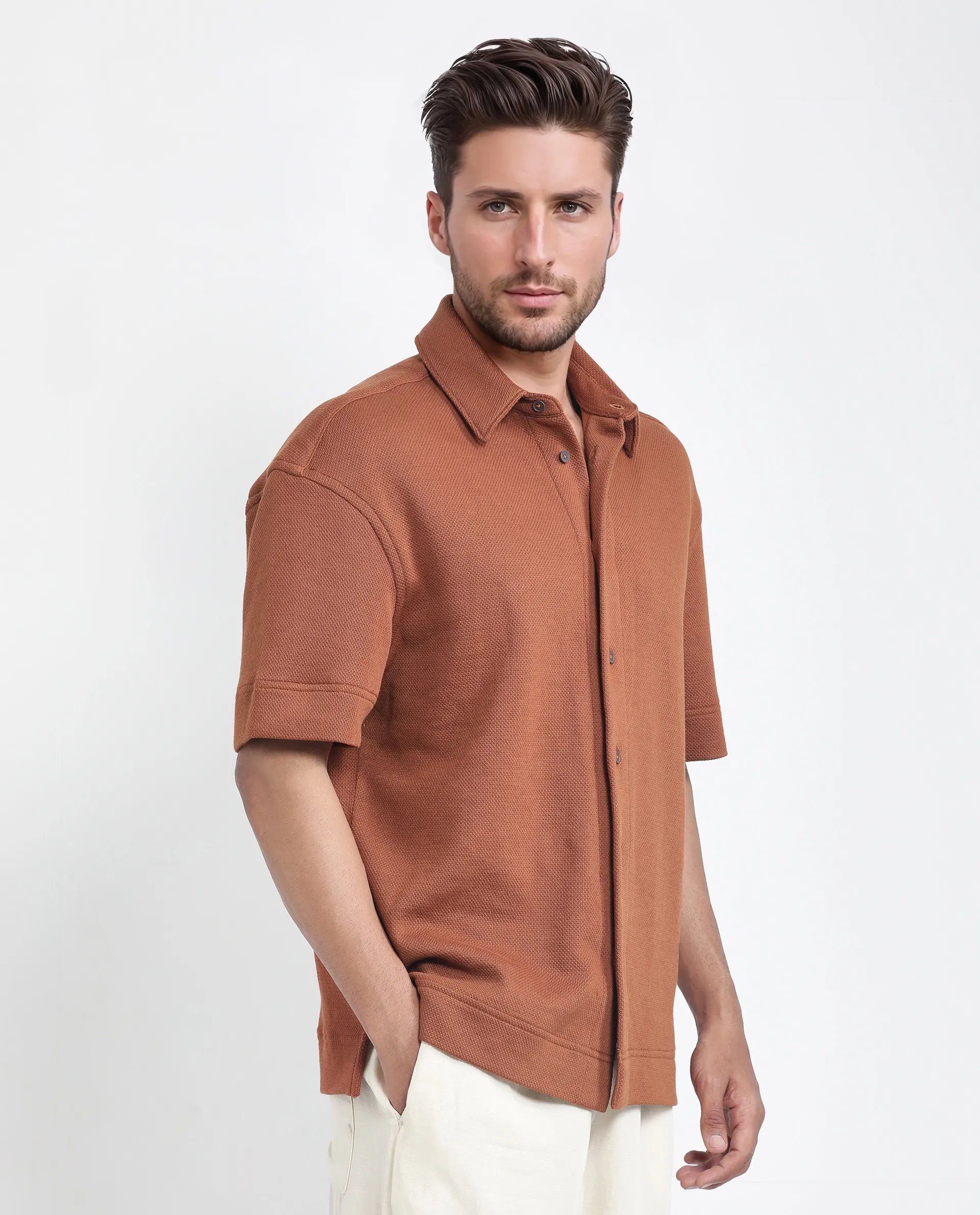 Rare Rabbit Men's Kash Rust Viscose Plain Boxy Fit Half Sleeve Collared Shirt - Image 6