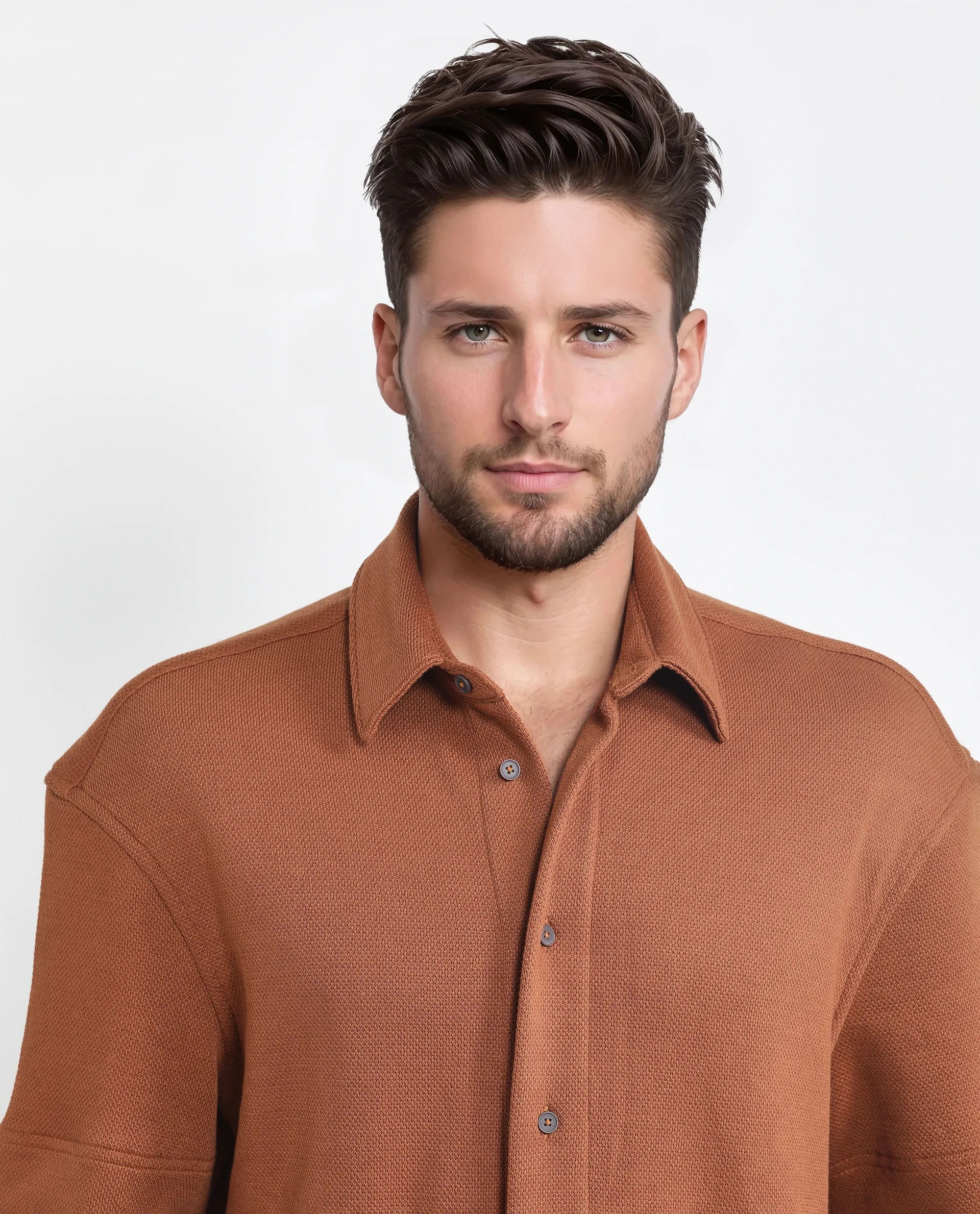 Rare Rabbit Men's Kash Rust Viscose Plain Boxy Fit Half Sleeve Collared Shirt - Image 7
