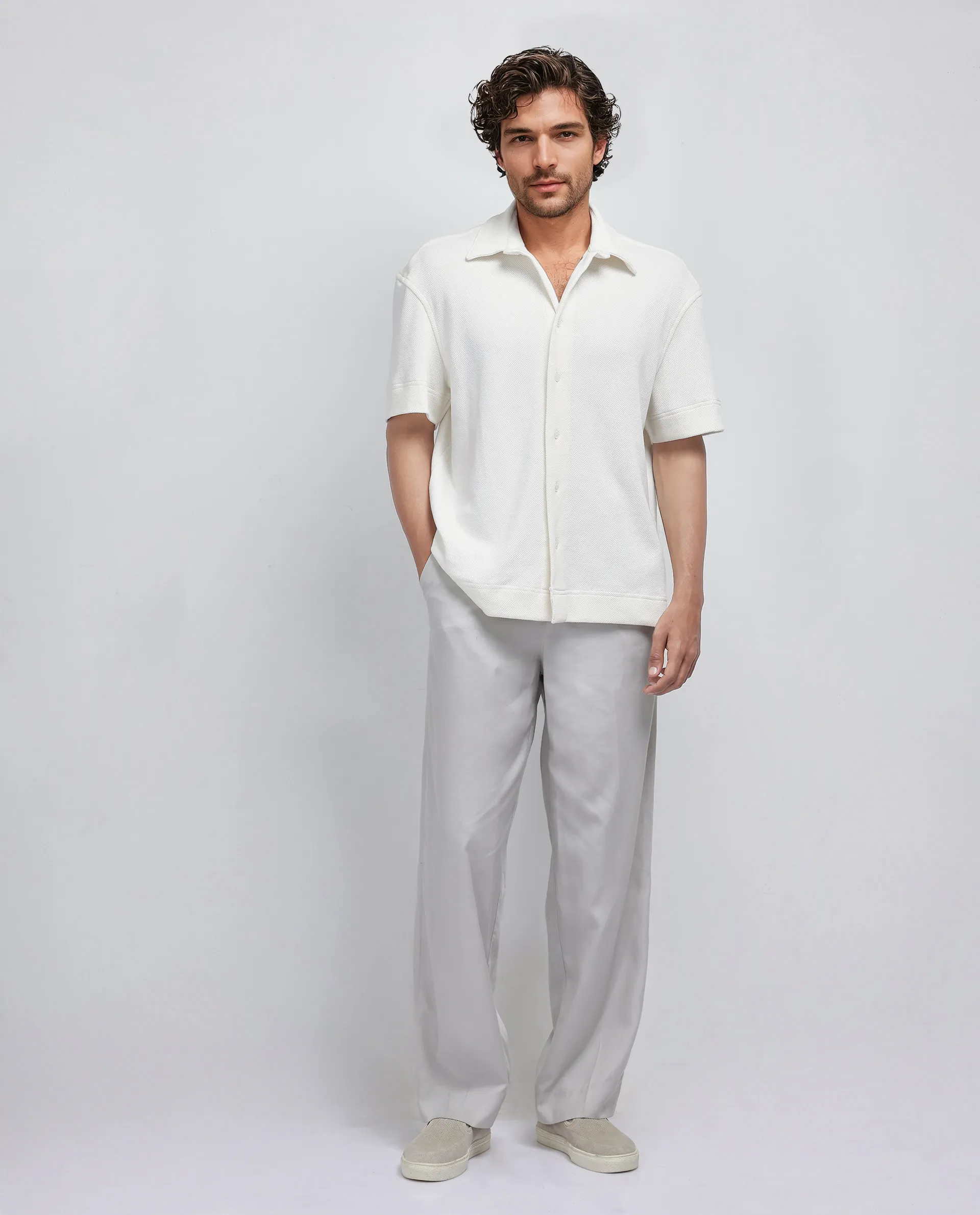 Rare Rabbit Men's Kash White Viscose Plain Boxy Fit Half Sleeve Collared Shirt - Image 2