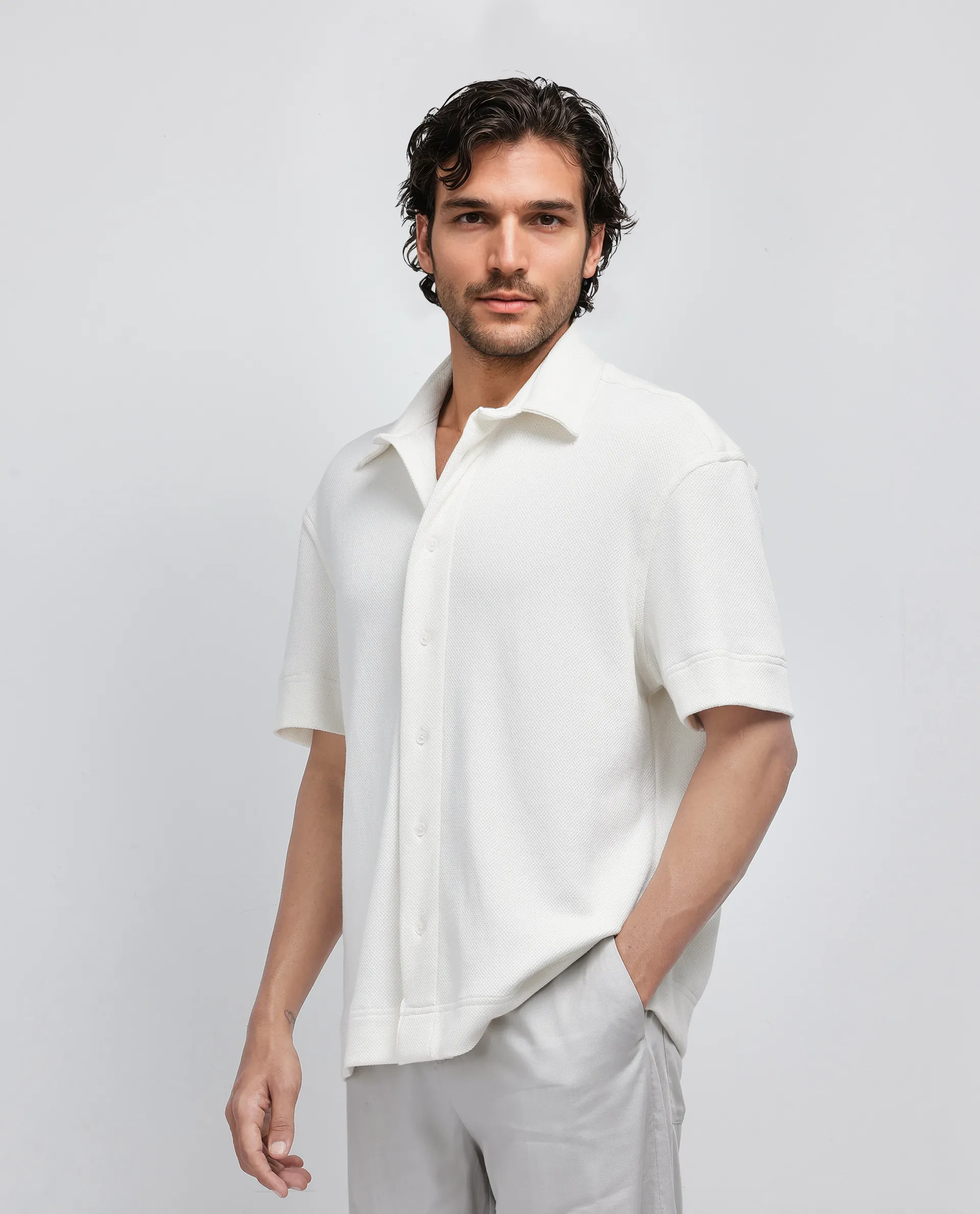 Rare Rabbit Men's Kash White Viscose Plain Boxy Fit Half Sleeve Collared Shirt - Image 5