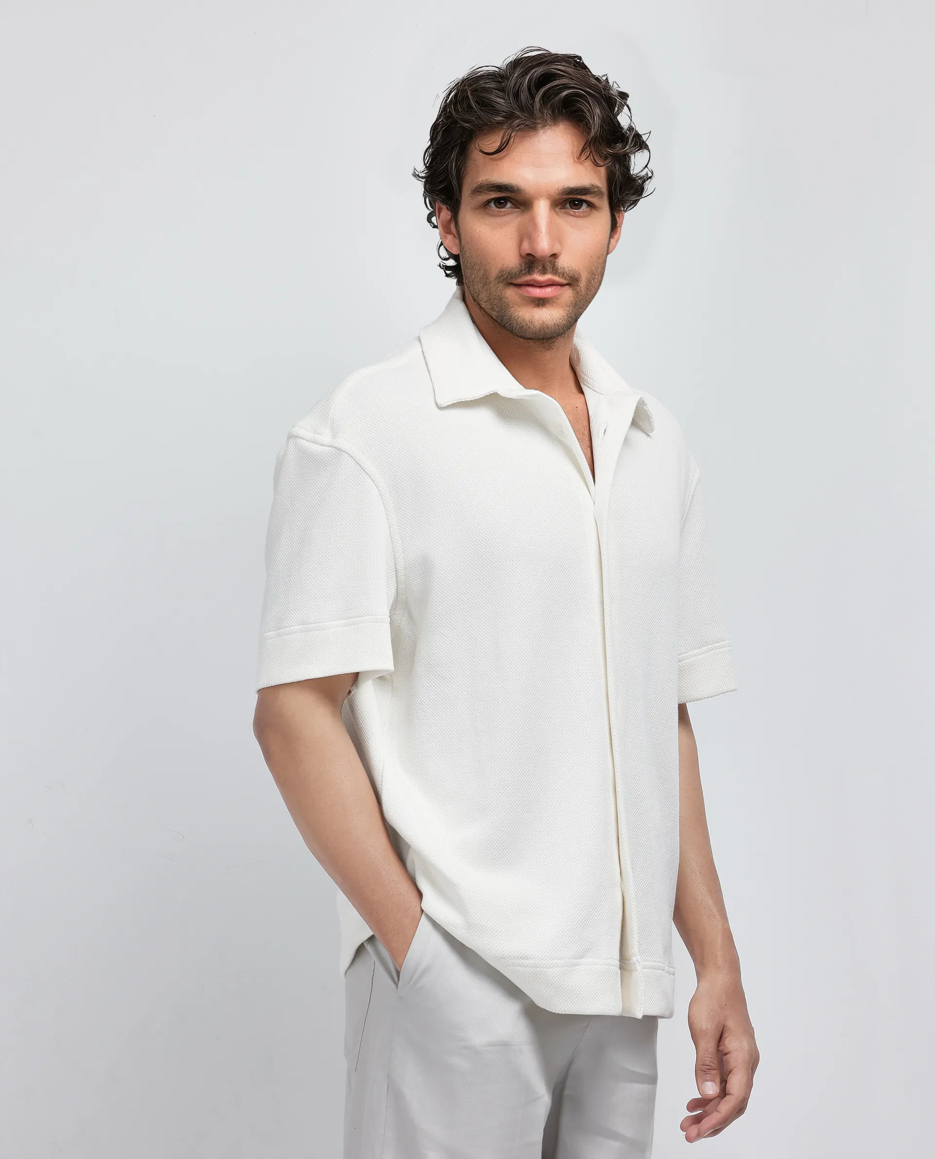 Rare Rabbit Men's Kash White Viscose Plain Boxy Fit Half Sleeve Collared Shirt - Image 6
