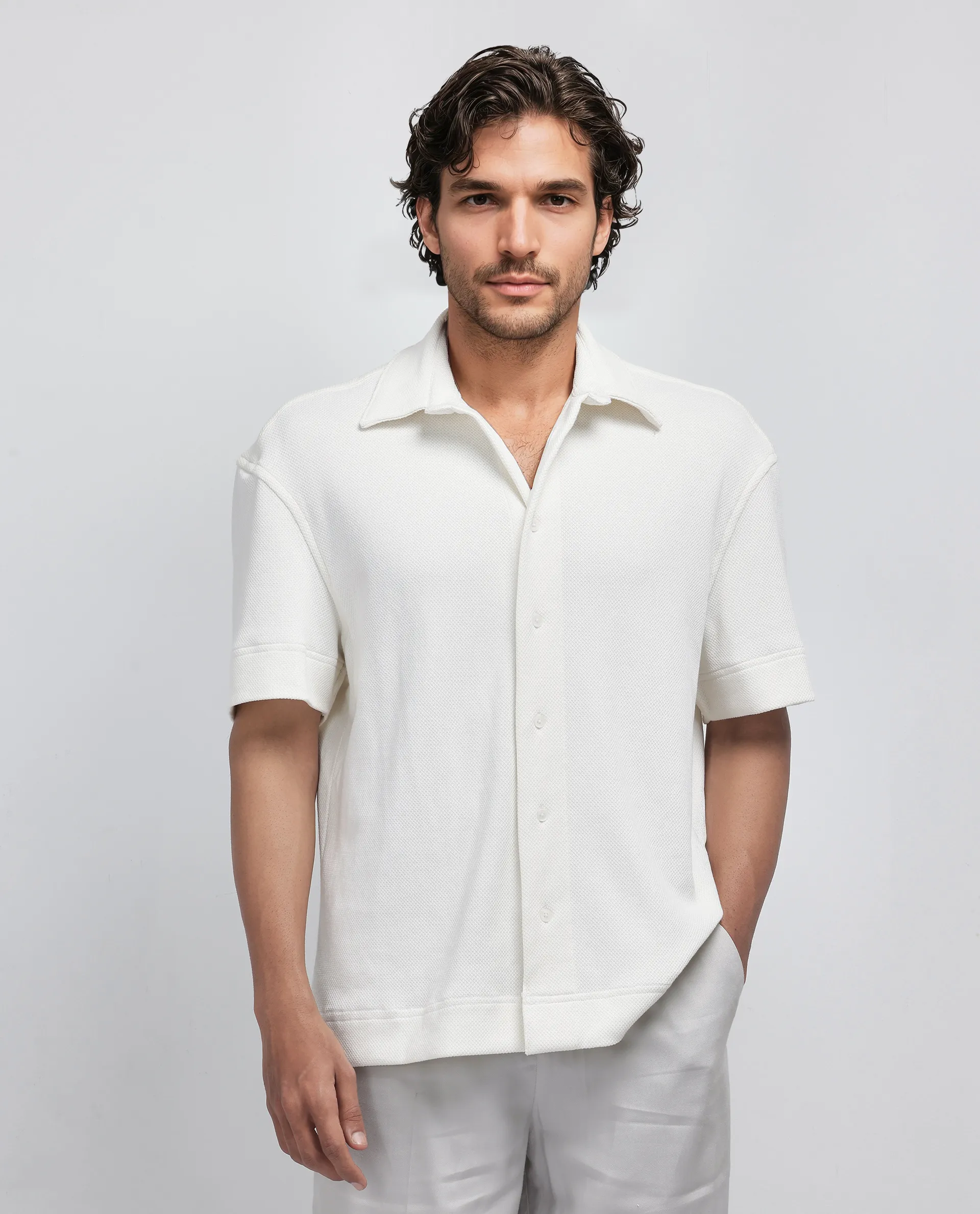 Rare Rabbit Men's Kash White Viscose Plain Boxy Fit Half Sleeve Collared Shirt - Image 8