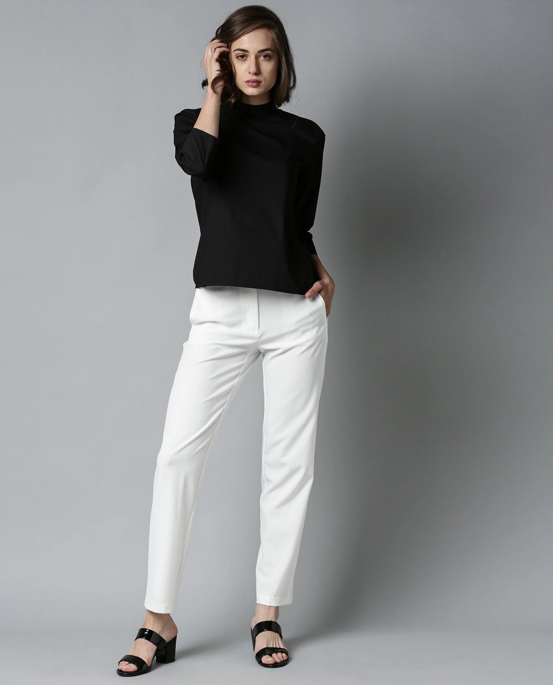 Rareism Womens Kash Black Top Regular Fit High Band Collar Neck 3/4Th Sleeve - Image 2