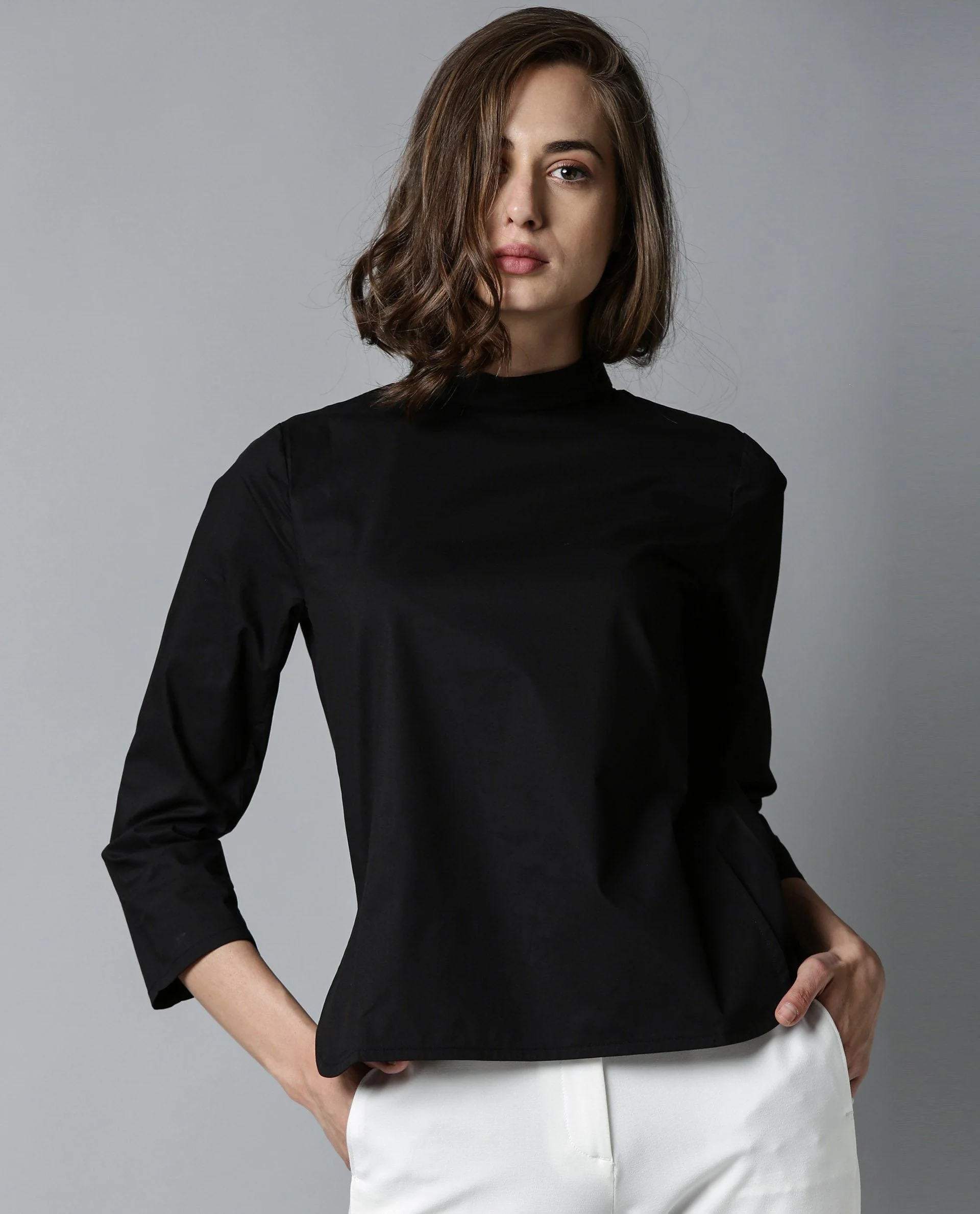 Rareism Womens Kash Black Top Regular Fit High Band Collar Neck 3/4Th Sleeve - Image 4