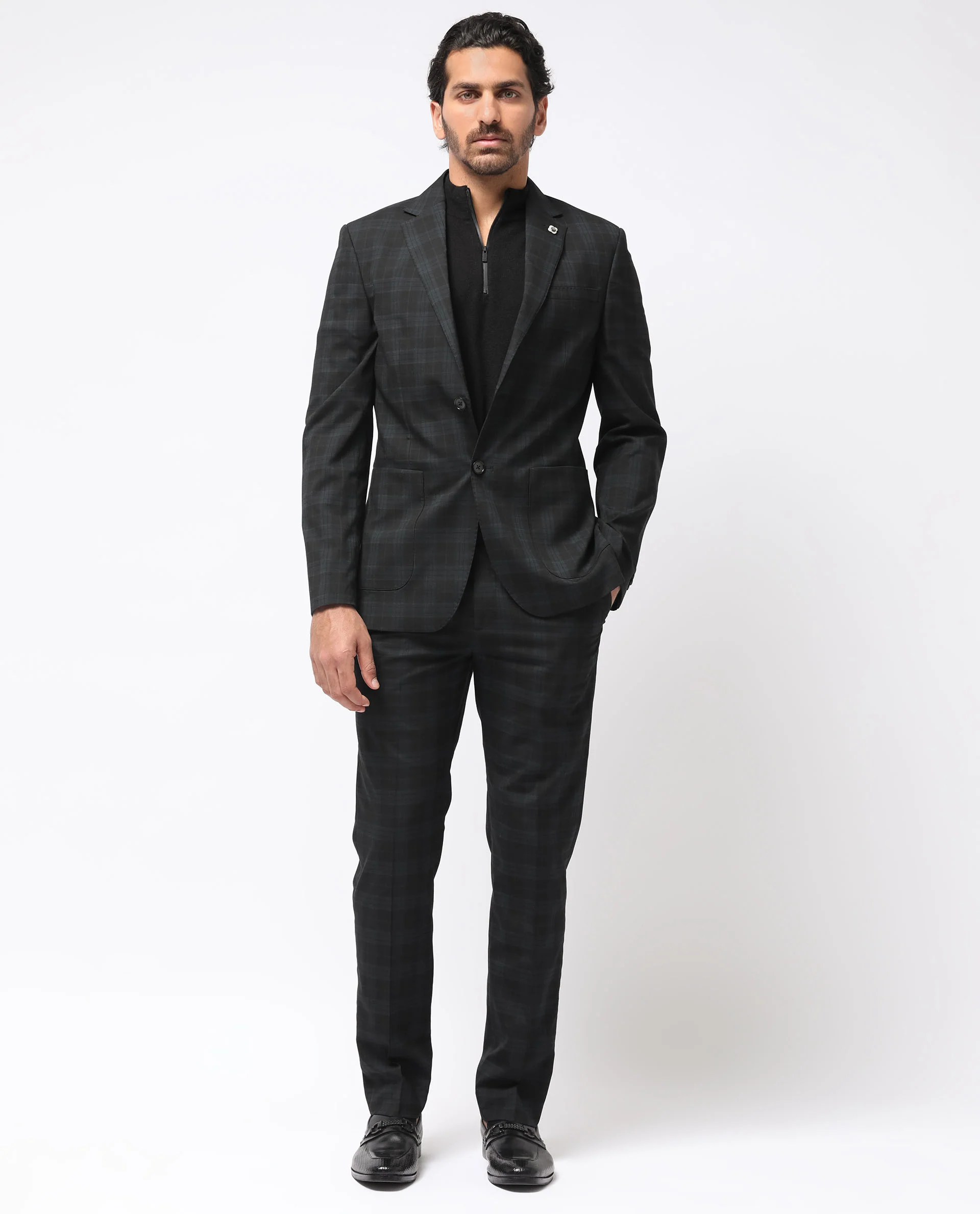 Rare Rabbit Men's Kaspro Black Polyester Checked Print Tailored Fit Full Sleeve Lapel Neck Suits - Image 2