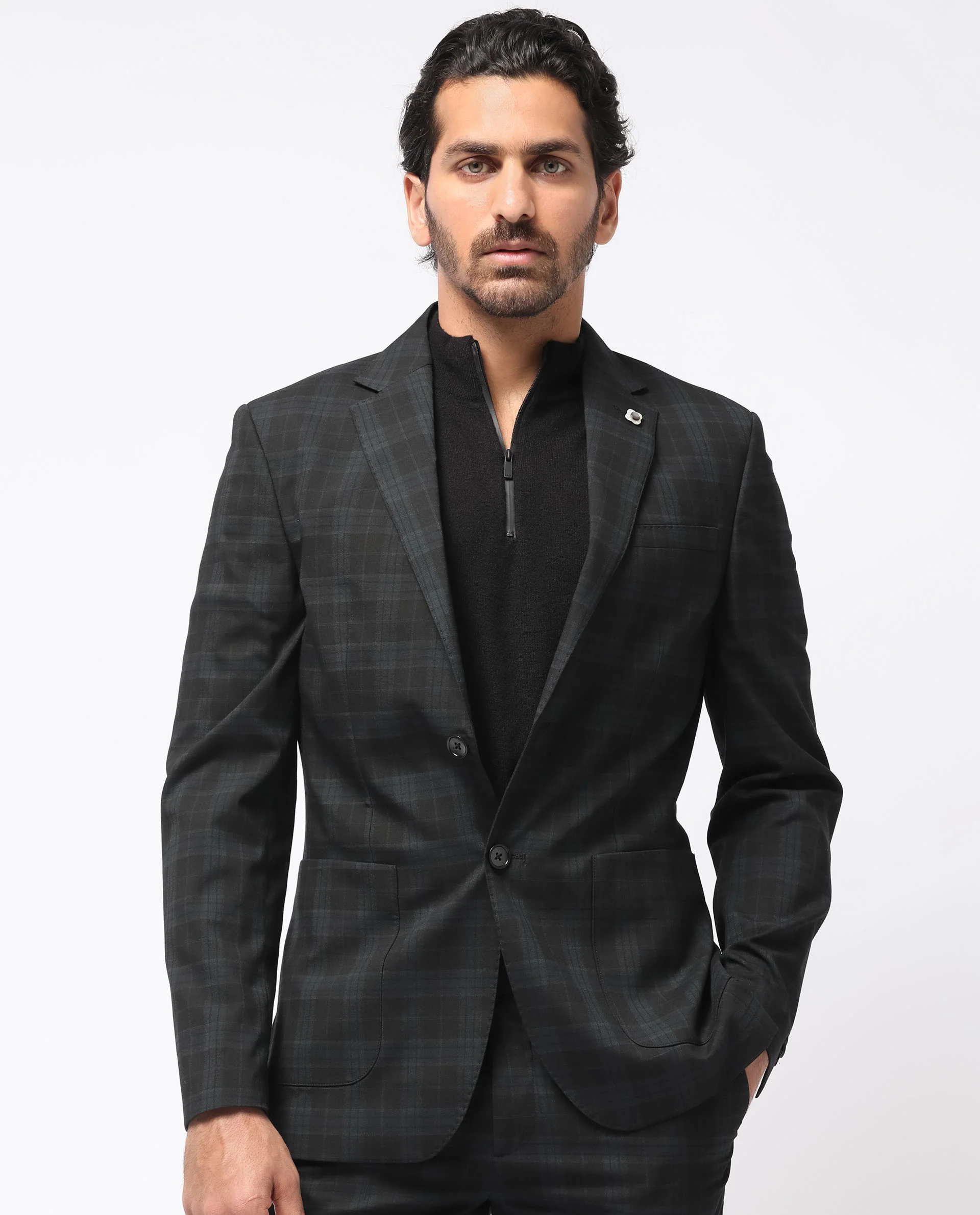 Rare Rabbit Men's Kaspro Black Polyester Checked Print Tailored Fit Full Sleeve Lapel Neck Suits - Image 5