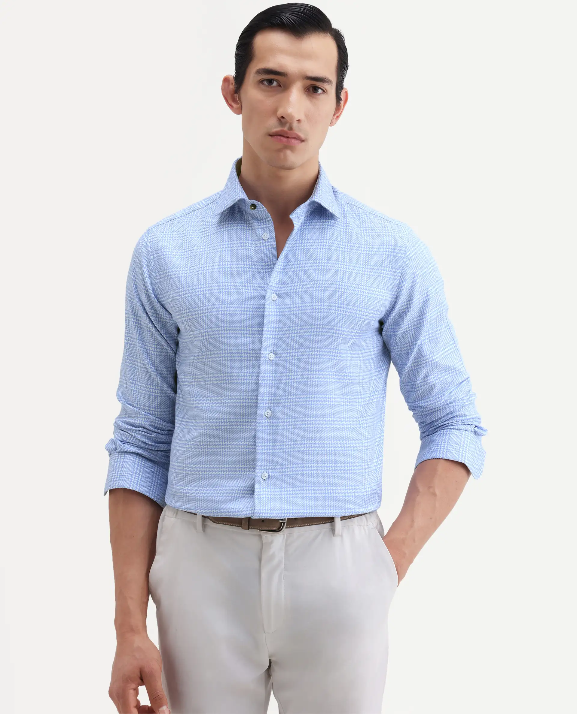 Rare Rabbit Men's Kate Light Blue Cotton Fabric Full Sleeve Spread Collar Regular Checked Shirt