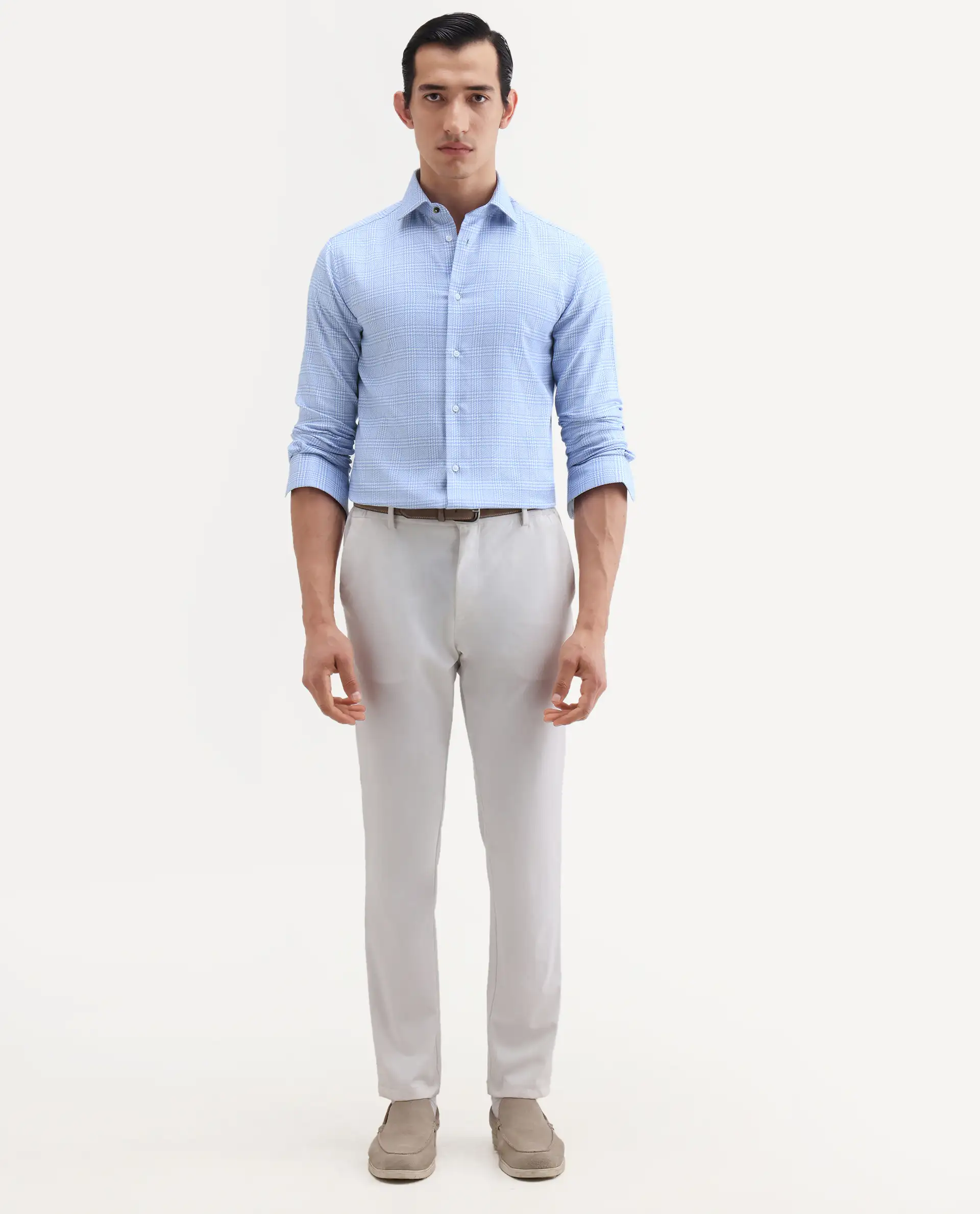 Rare Rabbit Men's Kate Light Blue Cotton Fabric Full Sleeve Spread Collar Regular Checked Shirt - Image 2