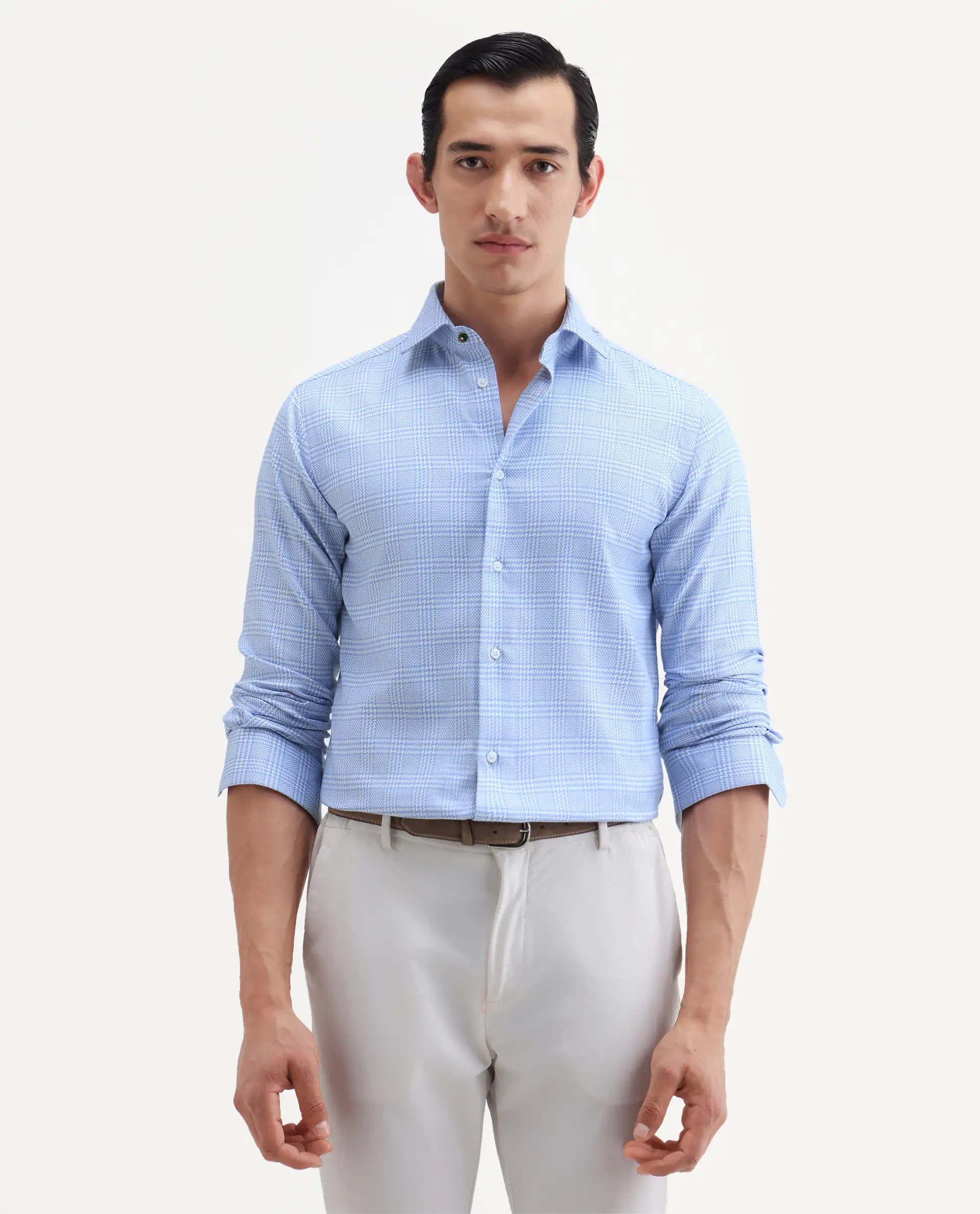 Rare Rabbit Men's Kate Light Blue Cotton Fabric Full Sleeve Spread Collar Regular Checked Shirt - Image 4