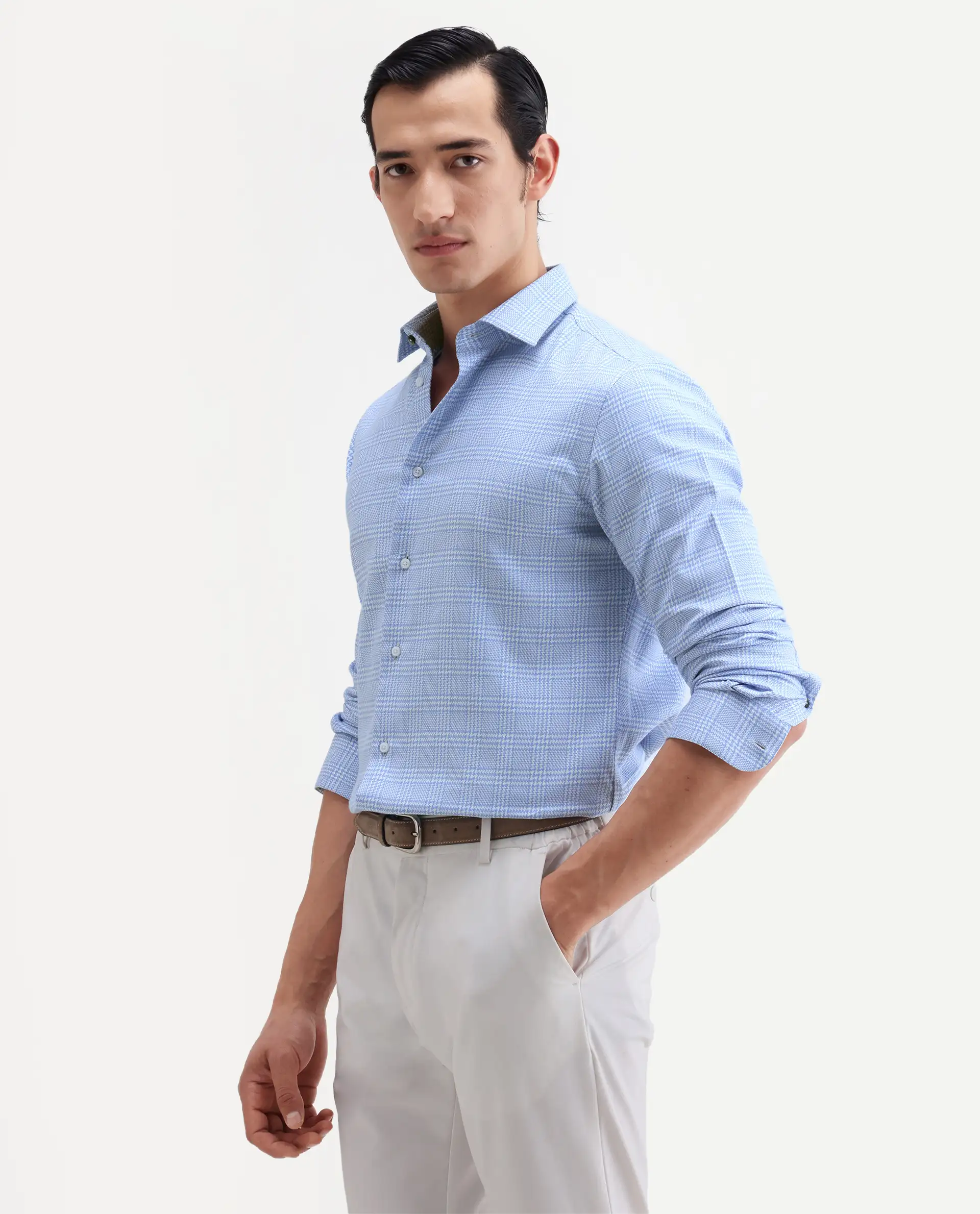 Rare Rabbit Men's Kate Light Blue Cotton Fabric Full Sleeve Spread Collar Regular Checked Shirt - Image 5
