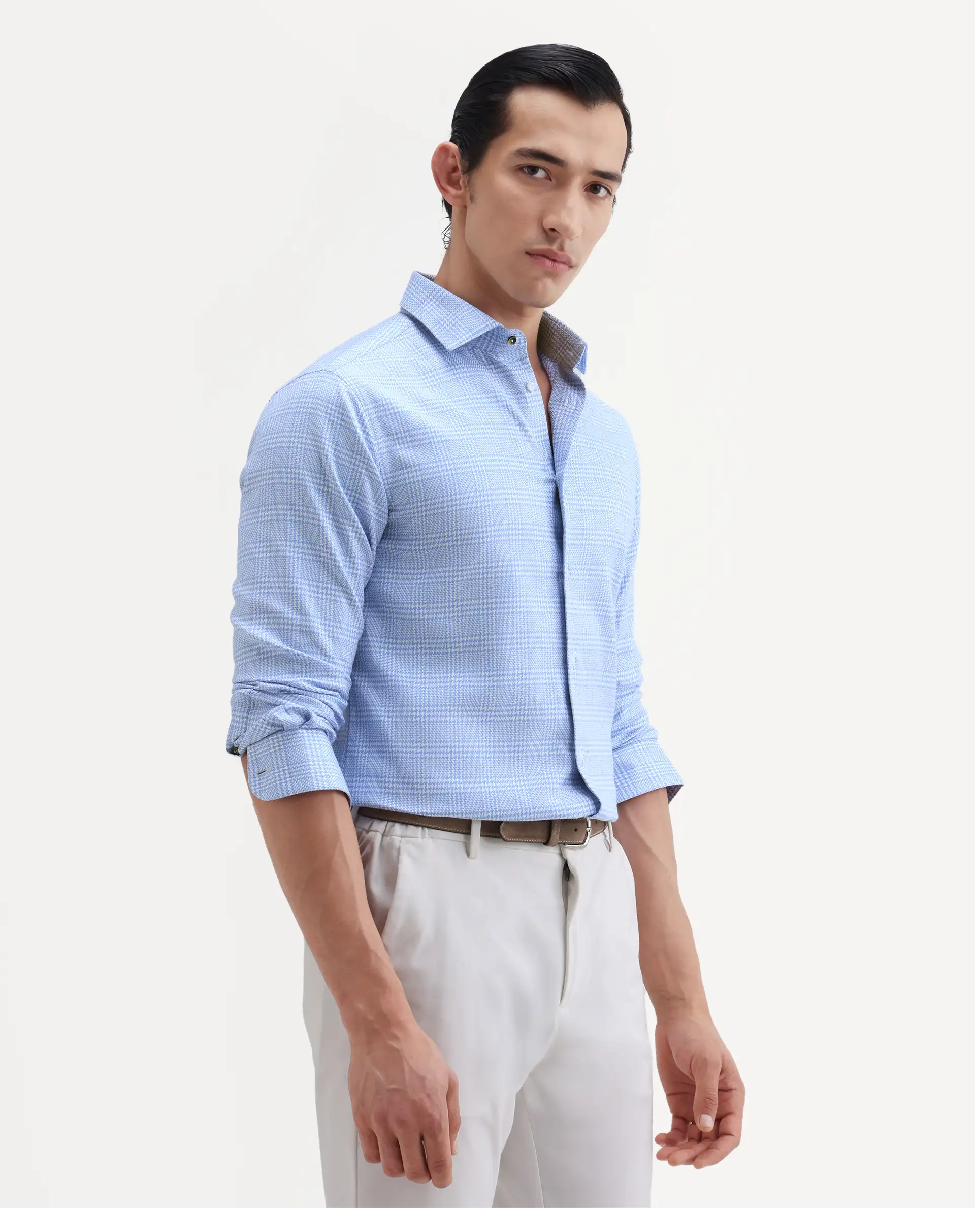 Rare Rabbit Men's Kate Light Blue Cotton Fabric Full Sleeve Spread Collar Regular Checked Shirt - Image 6