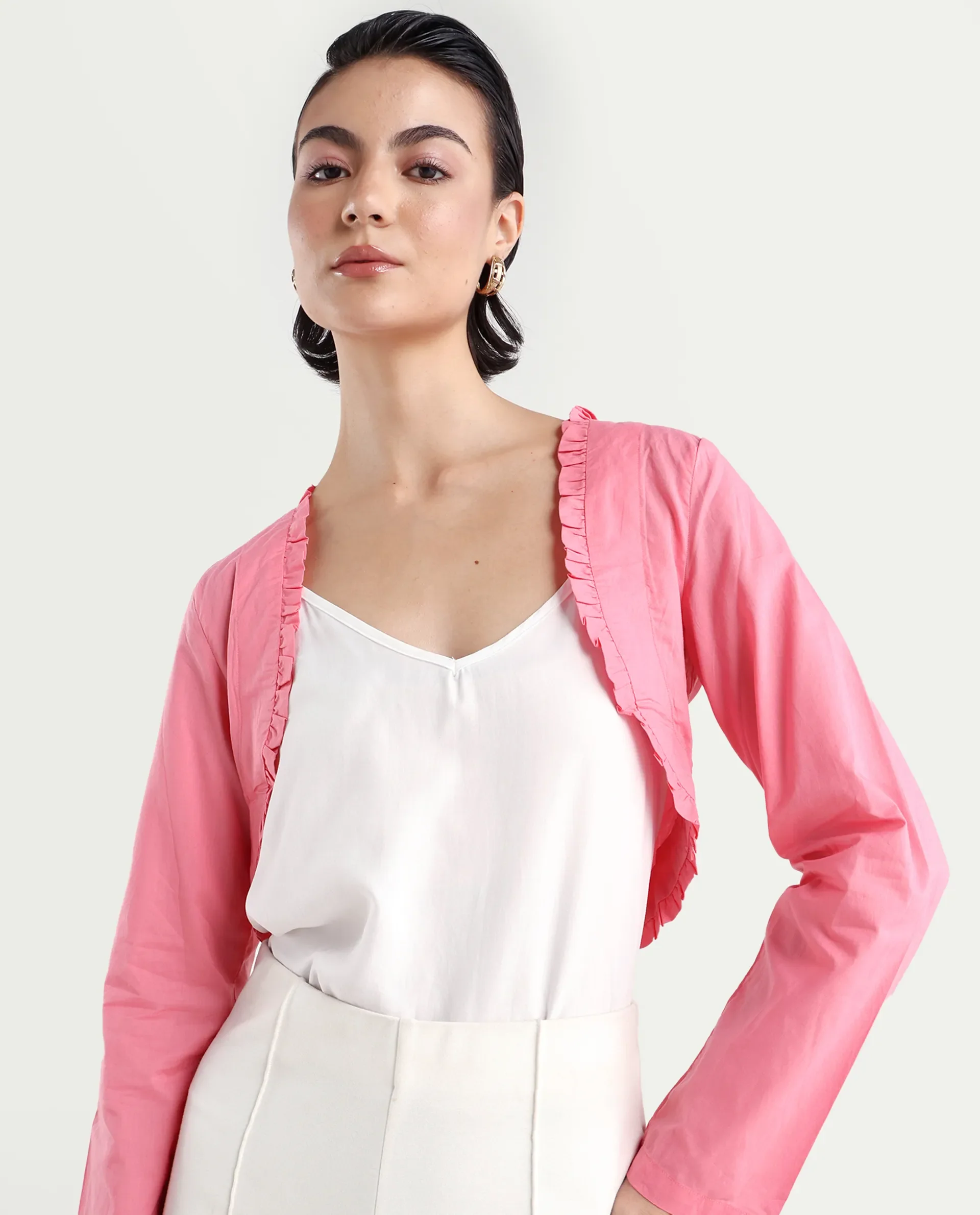Rareism Women's Kathy Overlay Pink Cotton V-Neck Plain Crop Relaxed Fit Shrug
