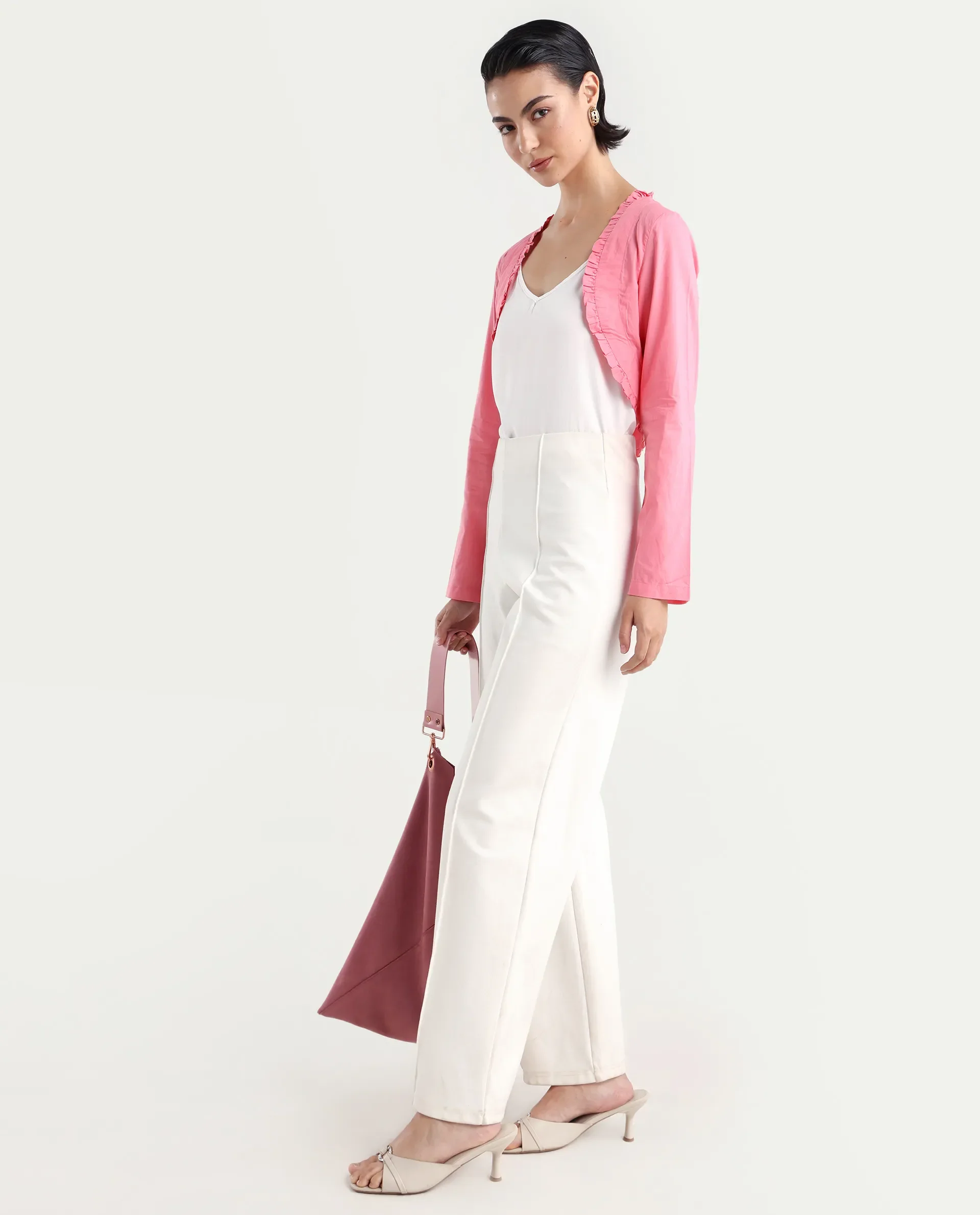 Rareism Women's Kathy Overlay Pink Cotton V-Neck Plain Crop Relaxed Fit Shrug - Image 2