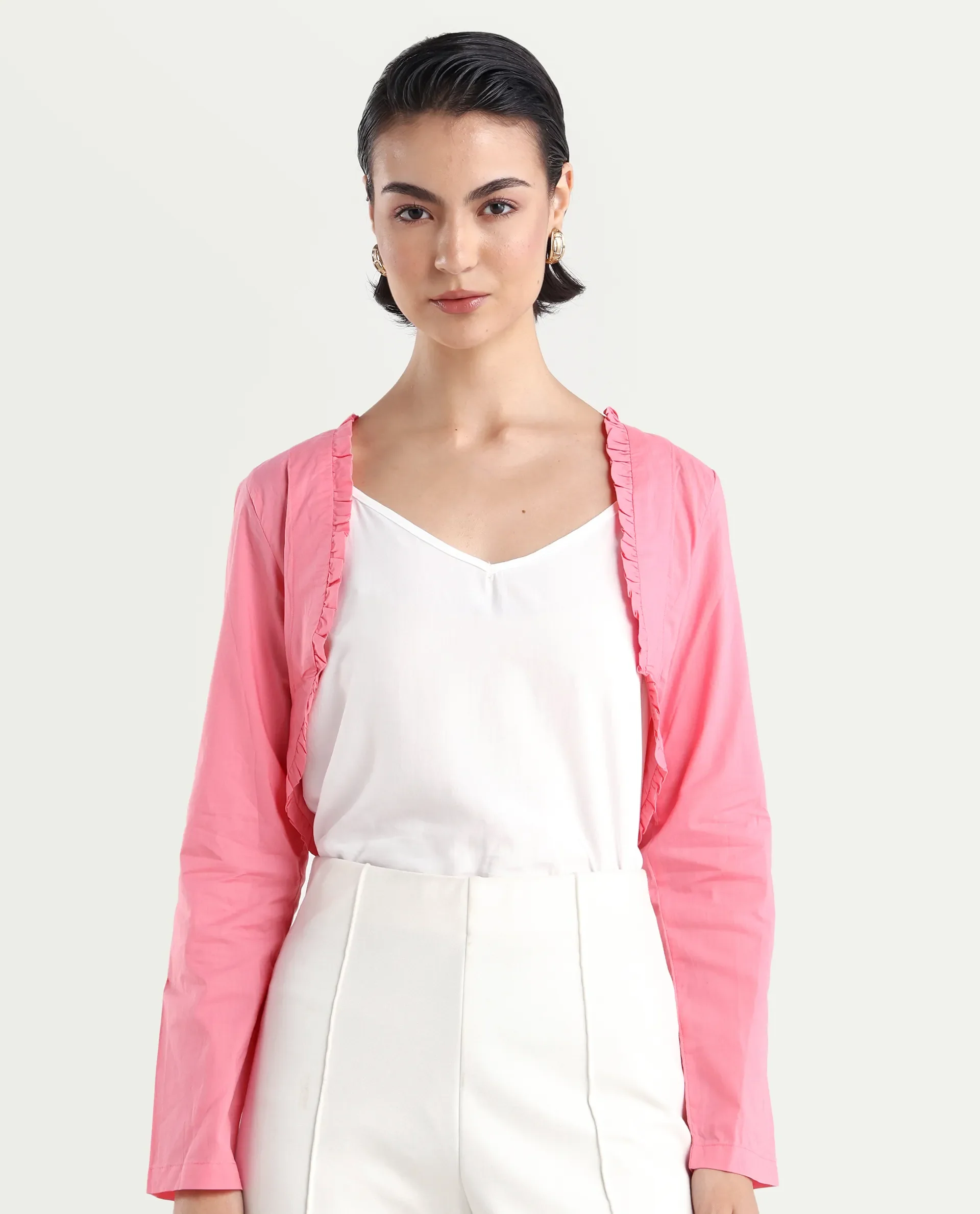 Rareism Women's Kathy Overlay Pink Cotton V-Neck Plain Crop Relaxed Fit Shrug - Image 3