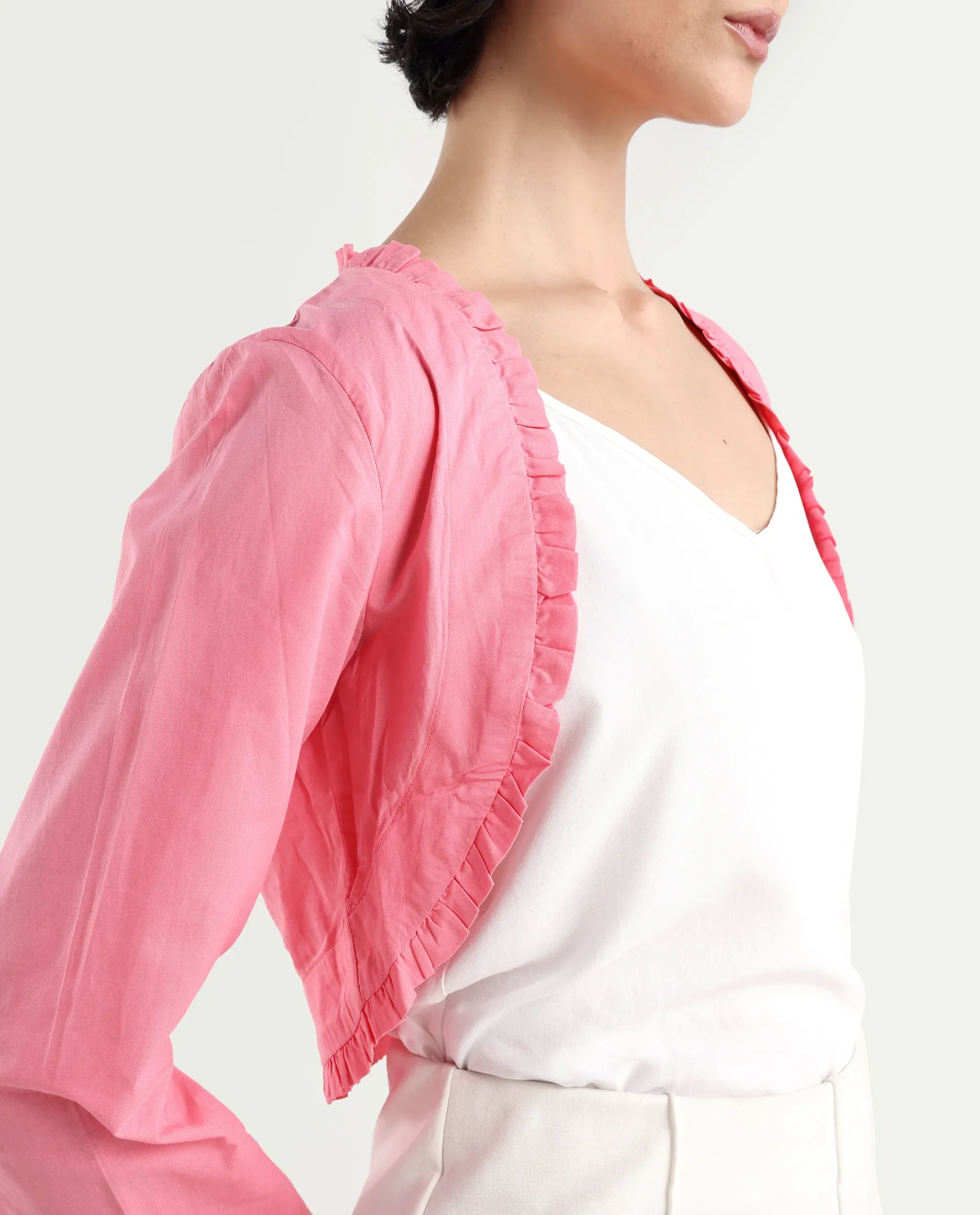 Rareism Women's Kathy Overlay Pink Cotton V-Neck Plain Crop Relaxed Fit Shrug - Image 4