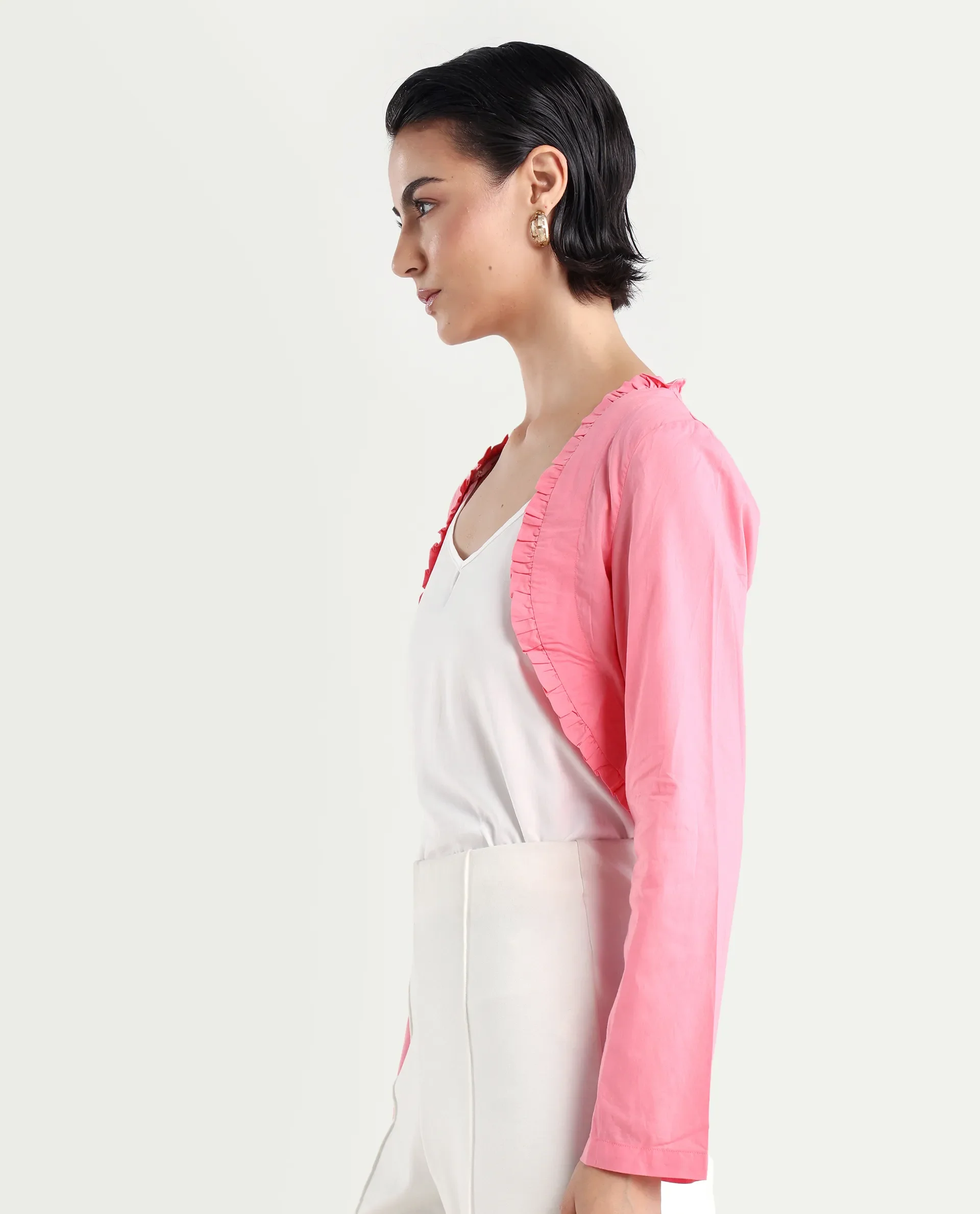 Rareism Women's Kathy Overlay Pink Cotton V-Neck Plain Crop Relaxed Fit Shrug - Image 5