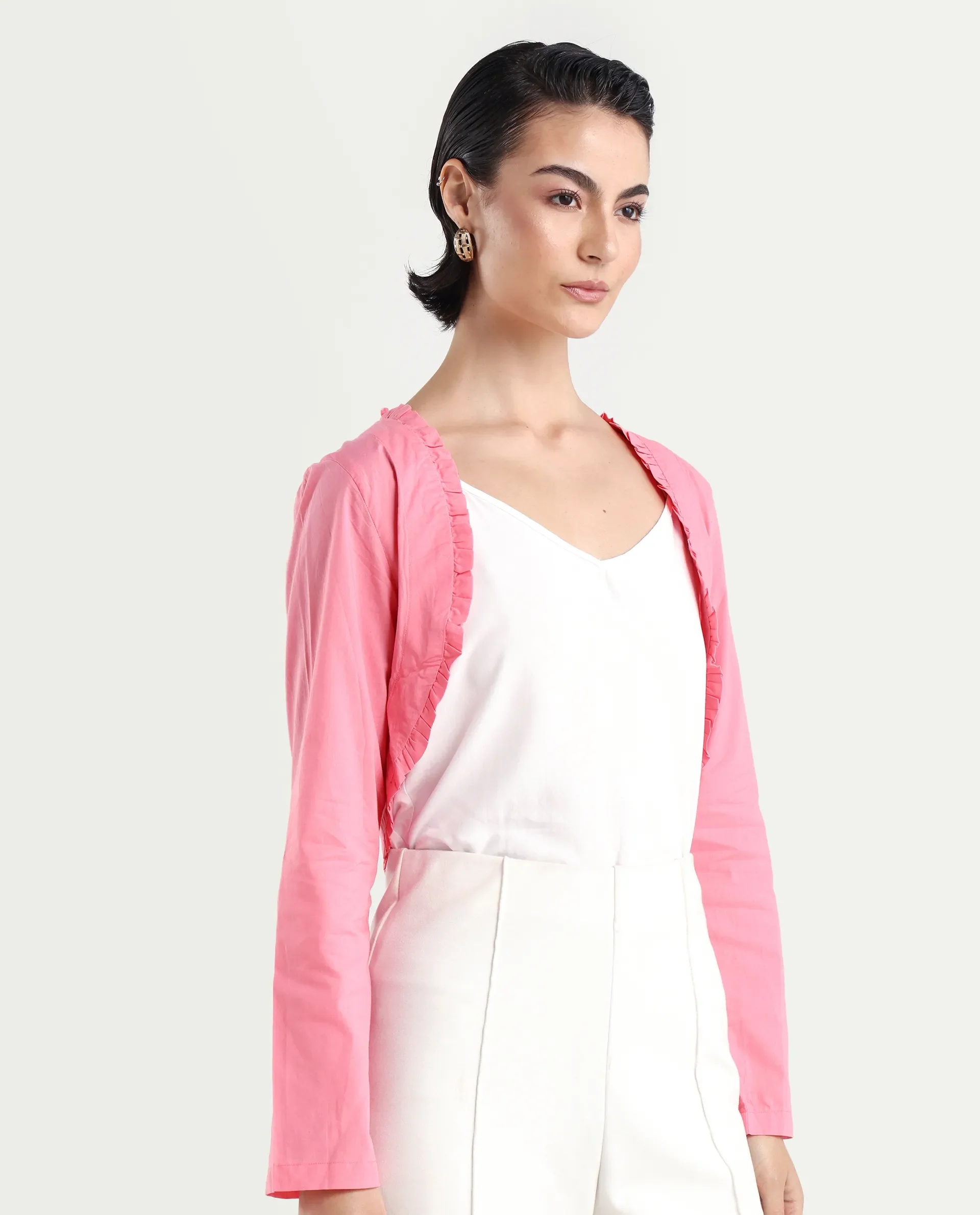 Rareism Women's Kathy Overlay Pink Cotton V-Neck Plain Crop Relaxed Fit Shrug - Image 6