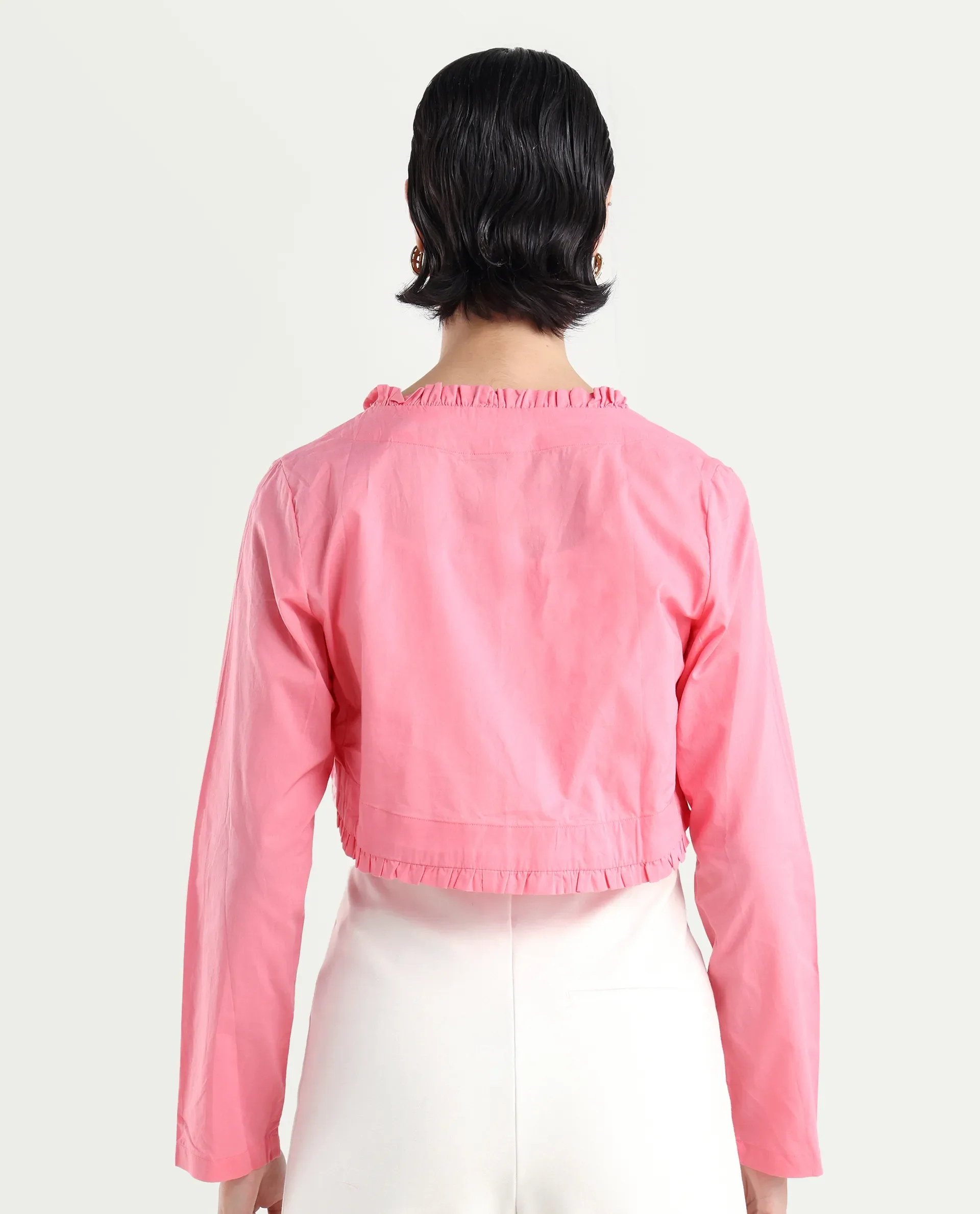 Rareism Women's Kathy Overlay Pink Cotton V-Neck Plain Crop Relaxed Fit Shrug - Image 7