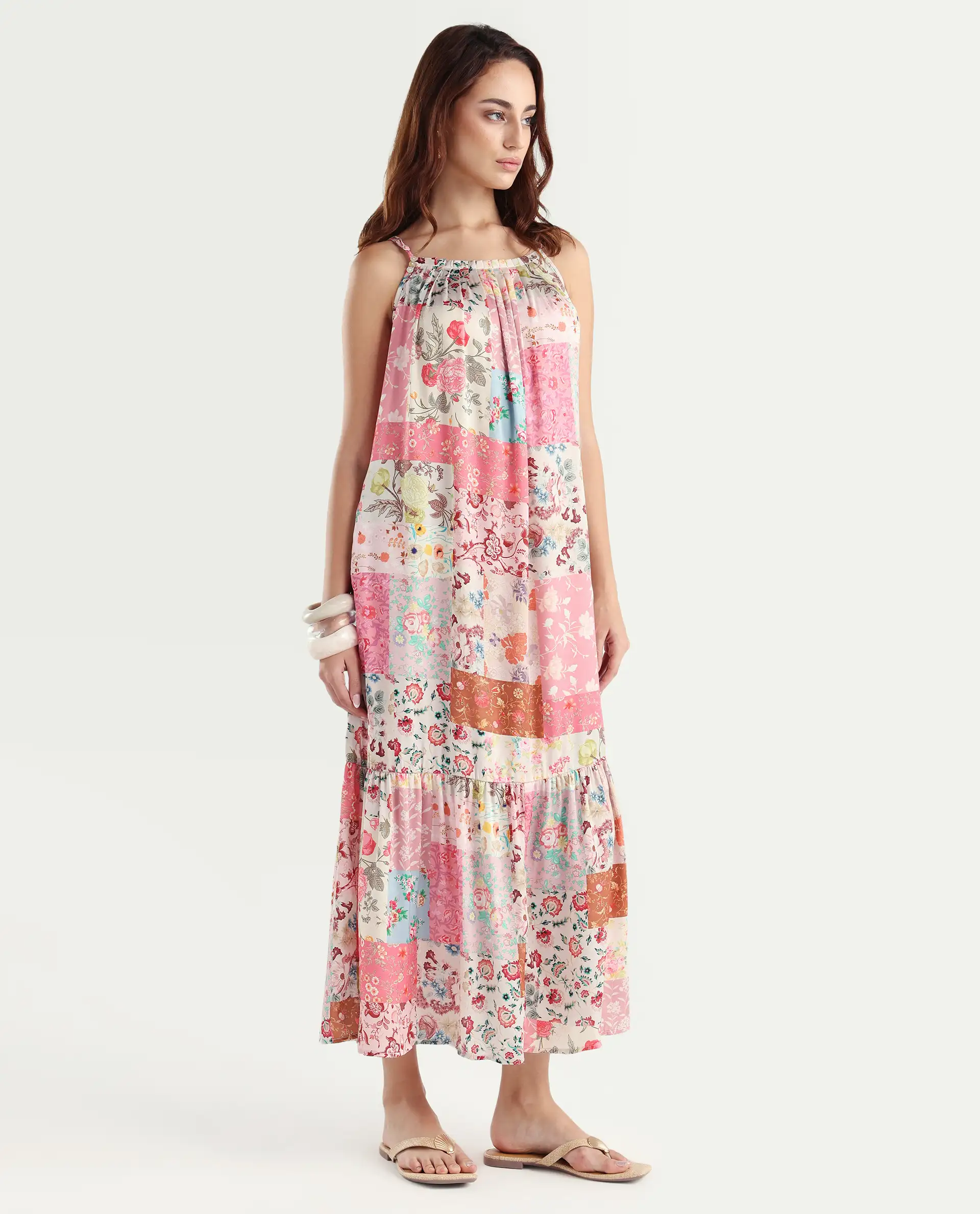 Rareism Women's Katie Multi Polyester Shoulder Strap Floral Print Shoulder Strap Maxi Regular Fit Dress - Image 6