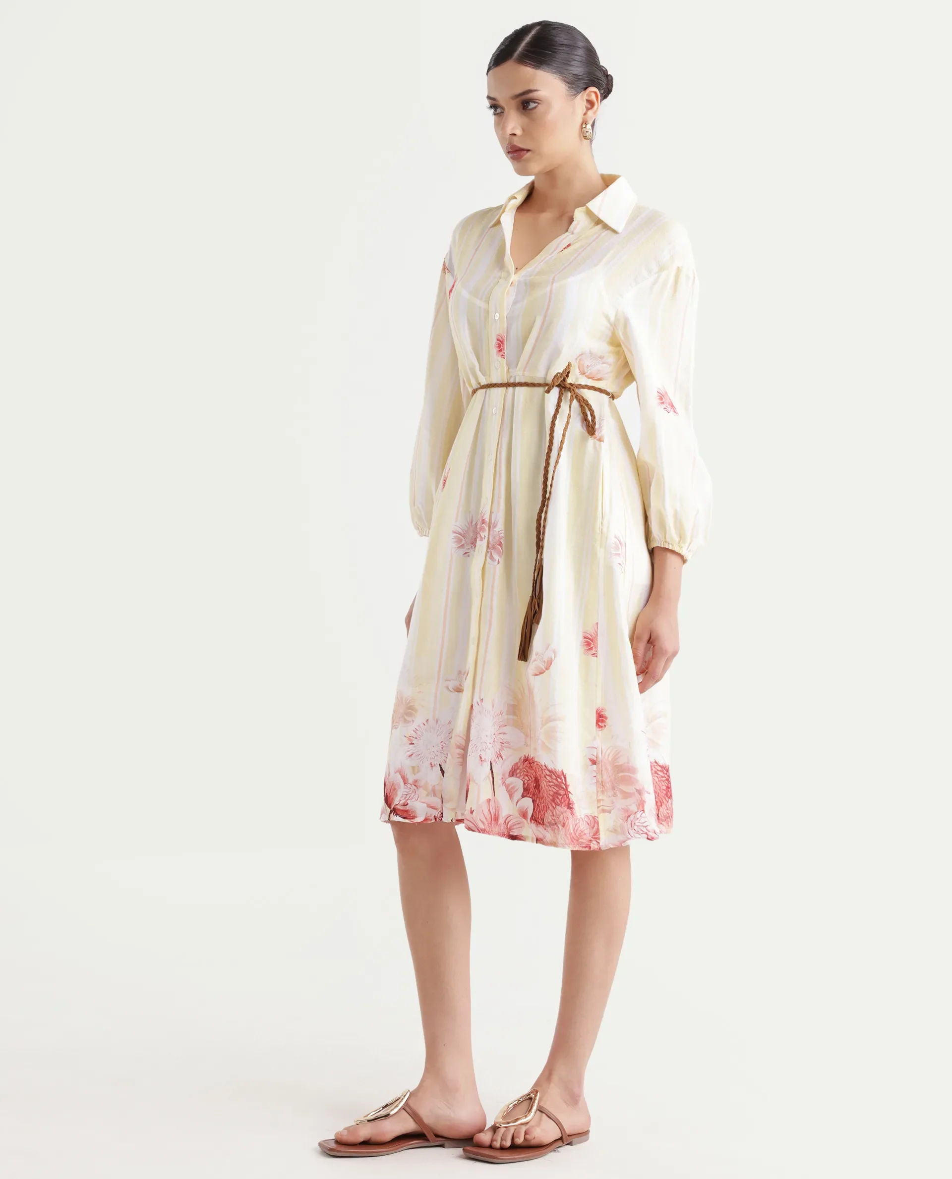 Rareism Women's Katina Yellow Cotton Drop Collar Striped Midi A-Line Dress - Image 4
