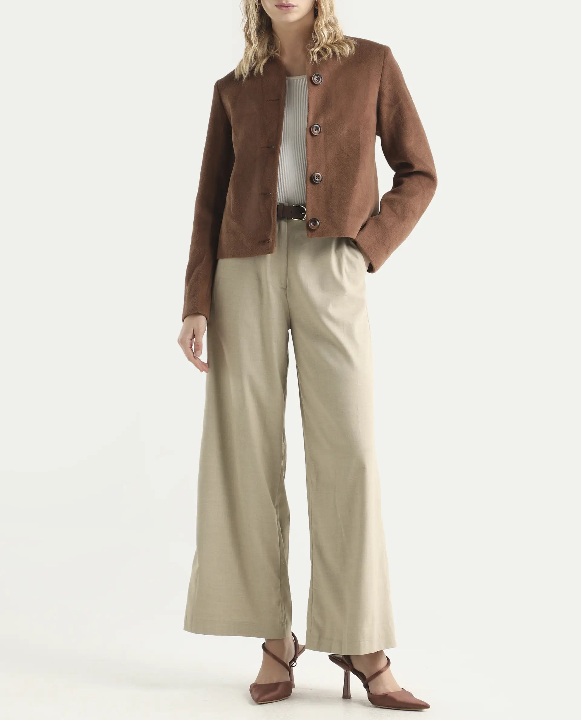 Rareism Women's Katy Beige Polyester Blend Plain Ankle Length Straight Fit Trouser
