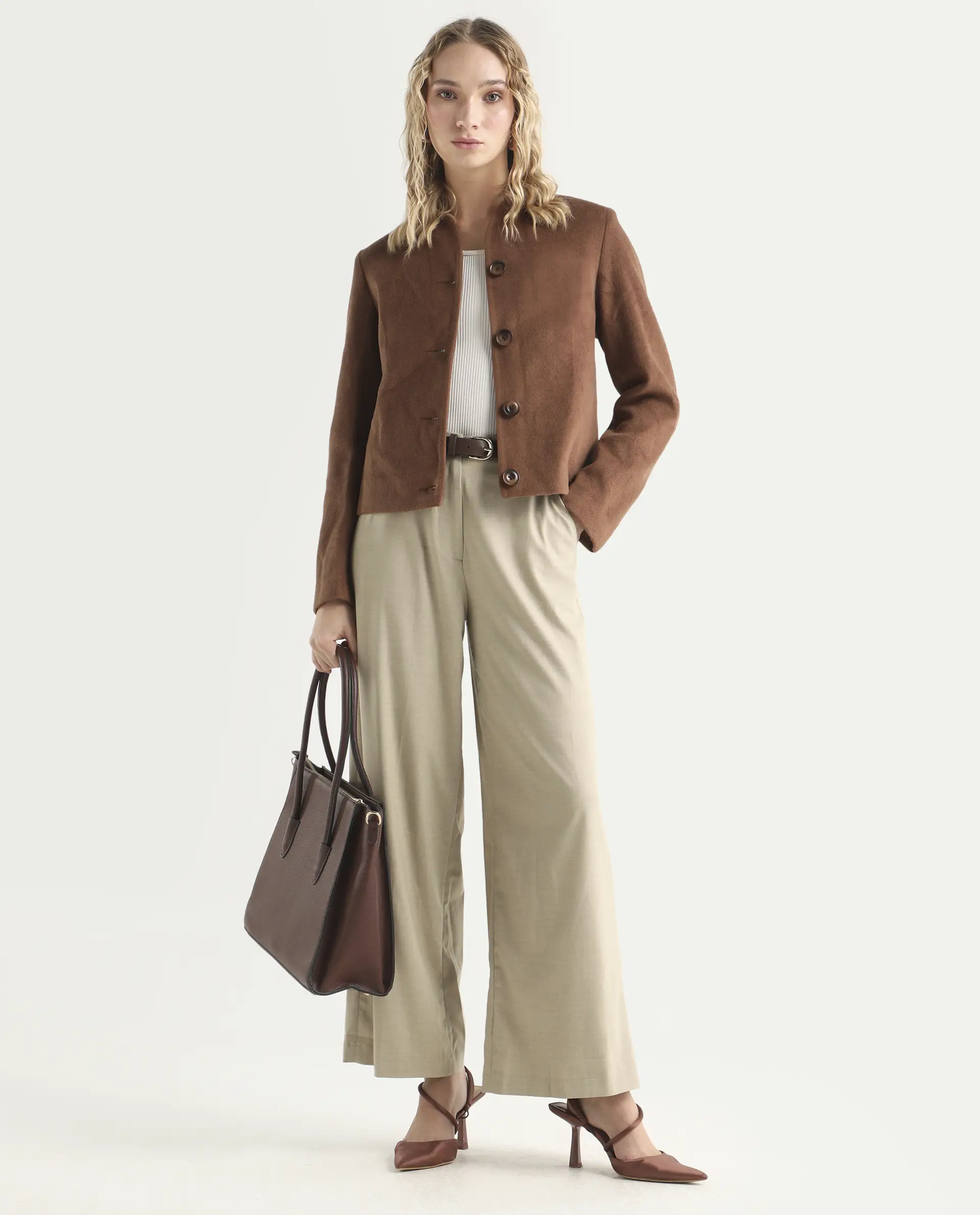 Rareism Women's Katy Beige Polyester Blend Plain Ankle Length Straight Fit Trouser - Image 2